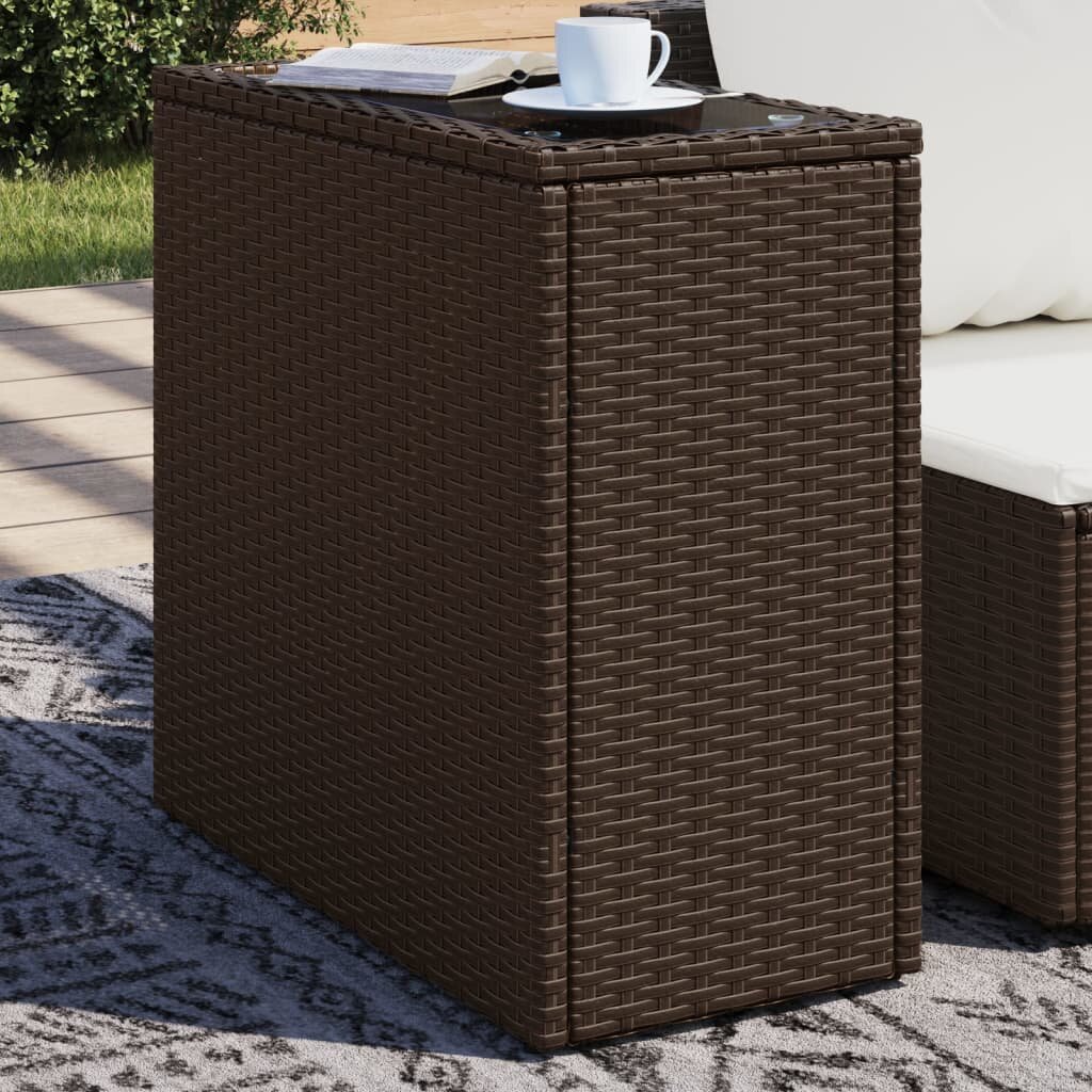 vidaXL Градинска маса със стъклен плот kафяв 58x275x55 см полиратан