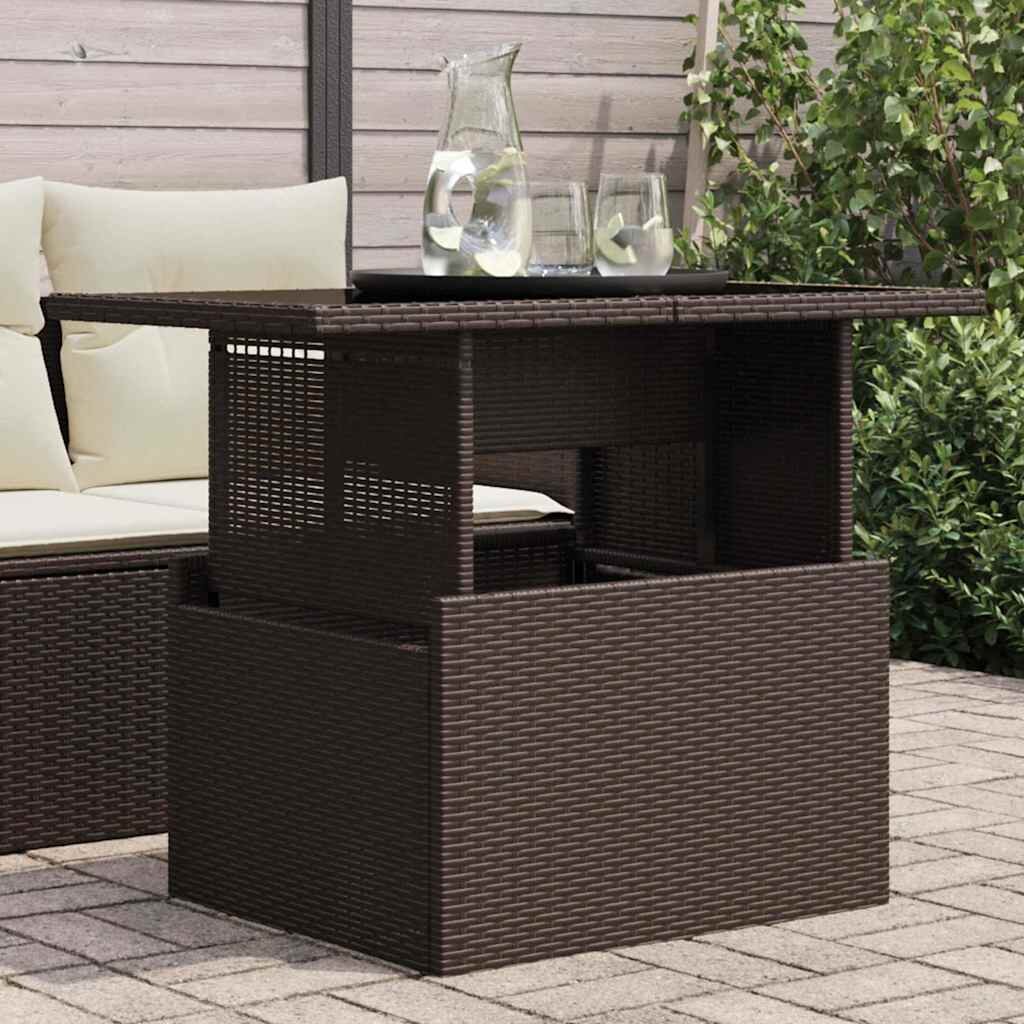 vidaXL Градинска маса със стъклен плот кафява 100x55x73 см полиратан