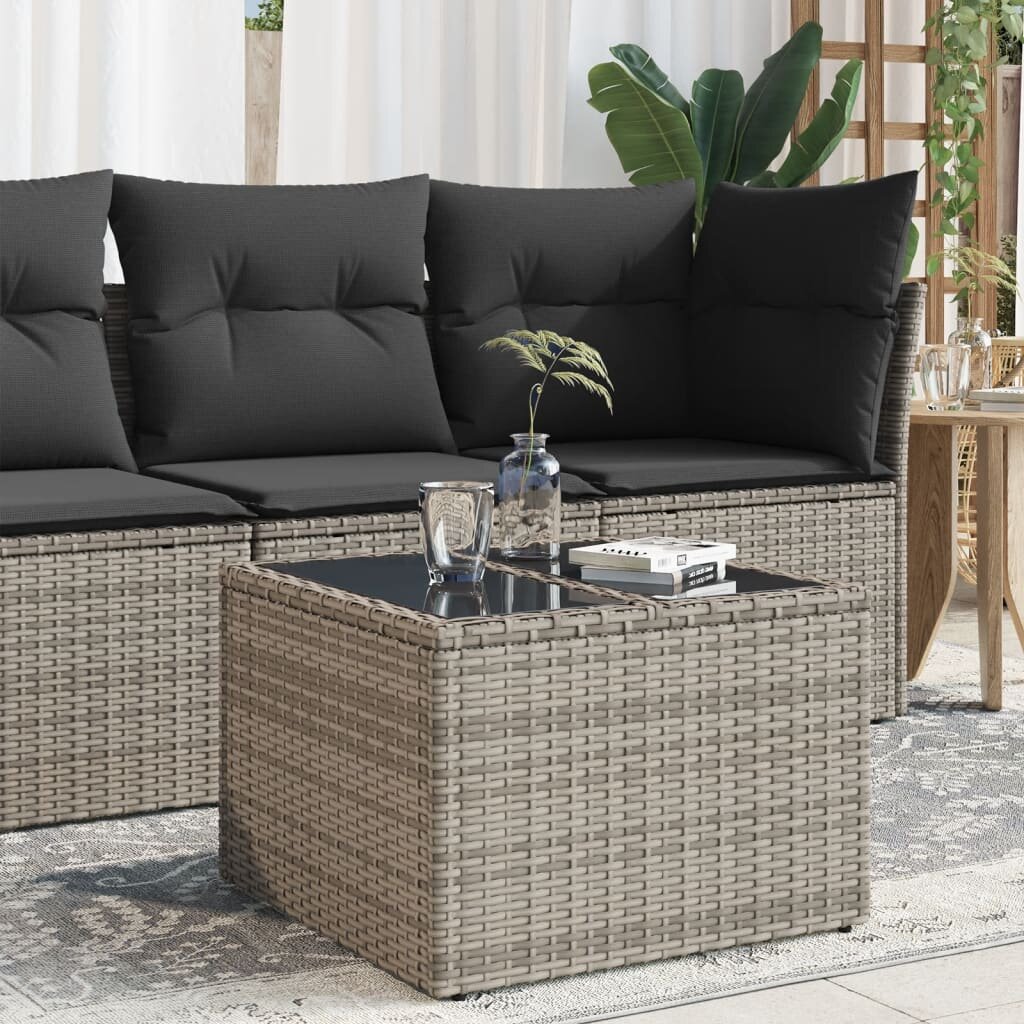 vidaXL Градинска маса със стъклен плот сива 55x55x37 см полиратан