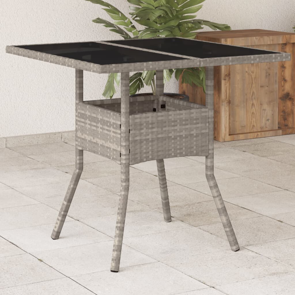 vidaXL Градинска маса със стъклен плот светлосив 80x80x75 см полиратан
