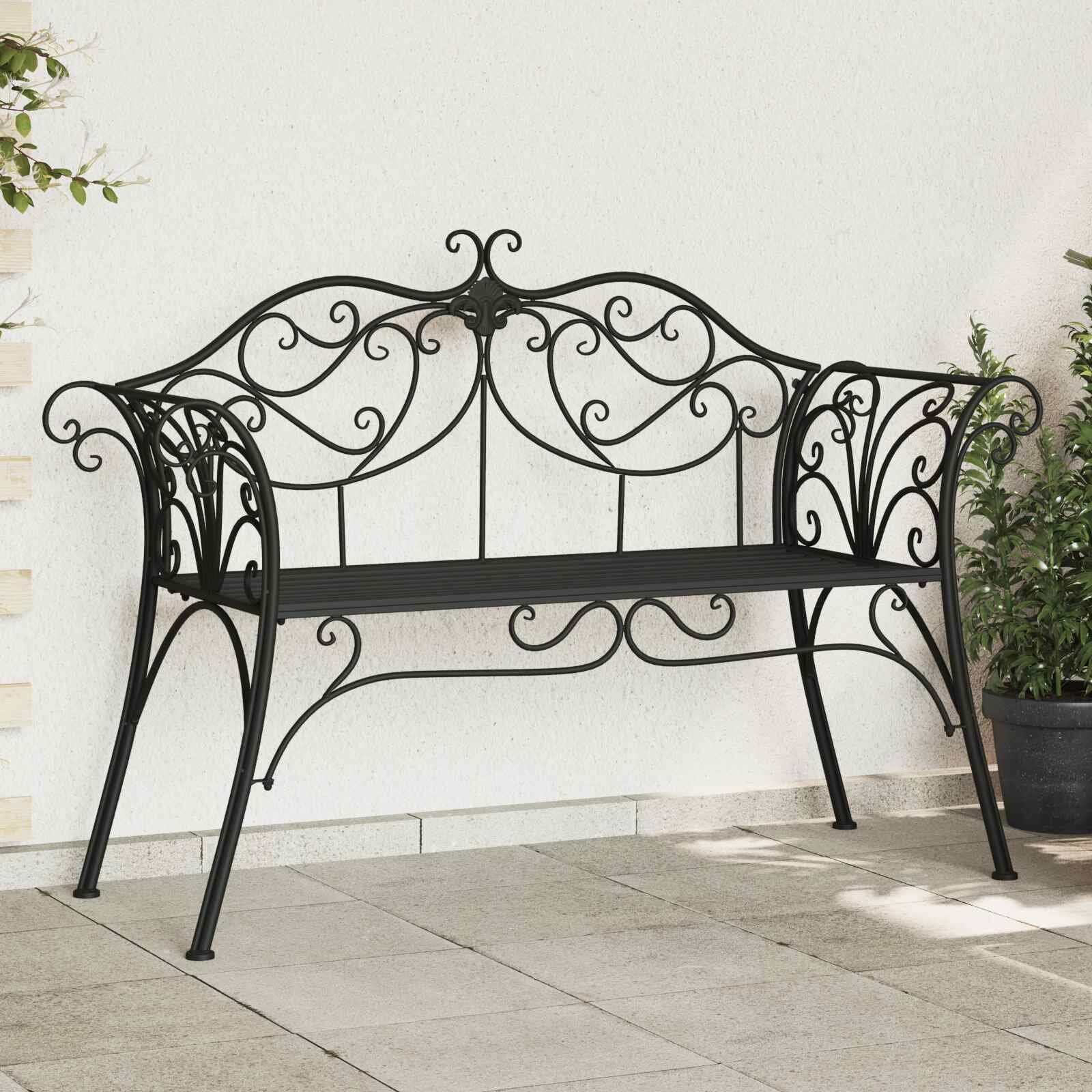 vidaXL Градинска пейка 2-Брой места 130 x 47 x 90 см Стомана Черно