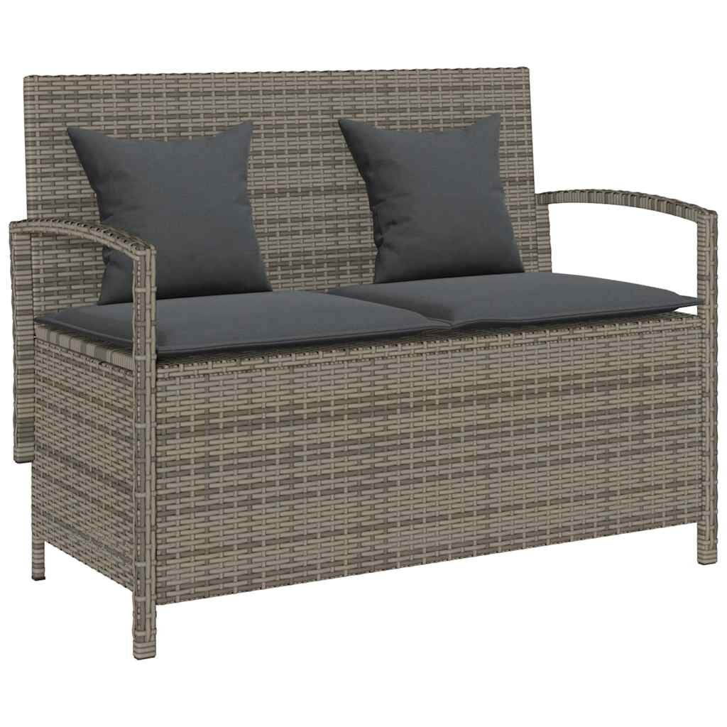 vidaXL Градинска пейка за съхранение с възглавница Grey Poly Rattan