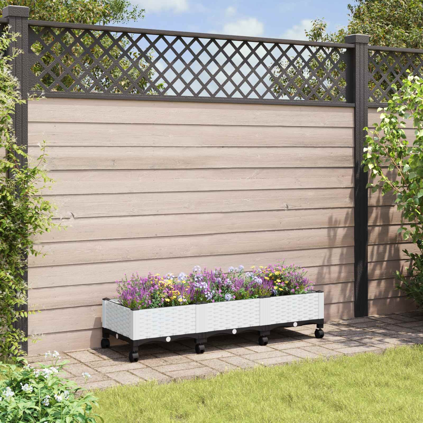 vidaXL Градинска саксия с колела Бяло 120 x 40 x 33 см ПП