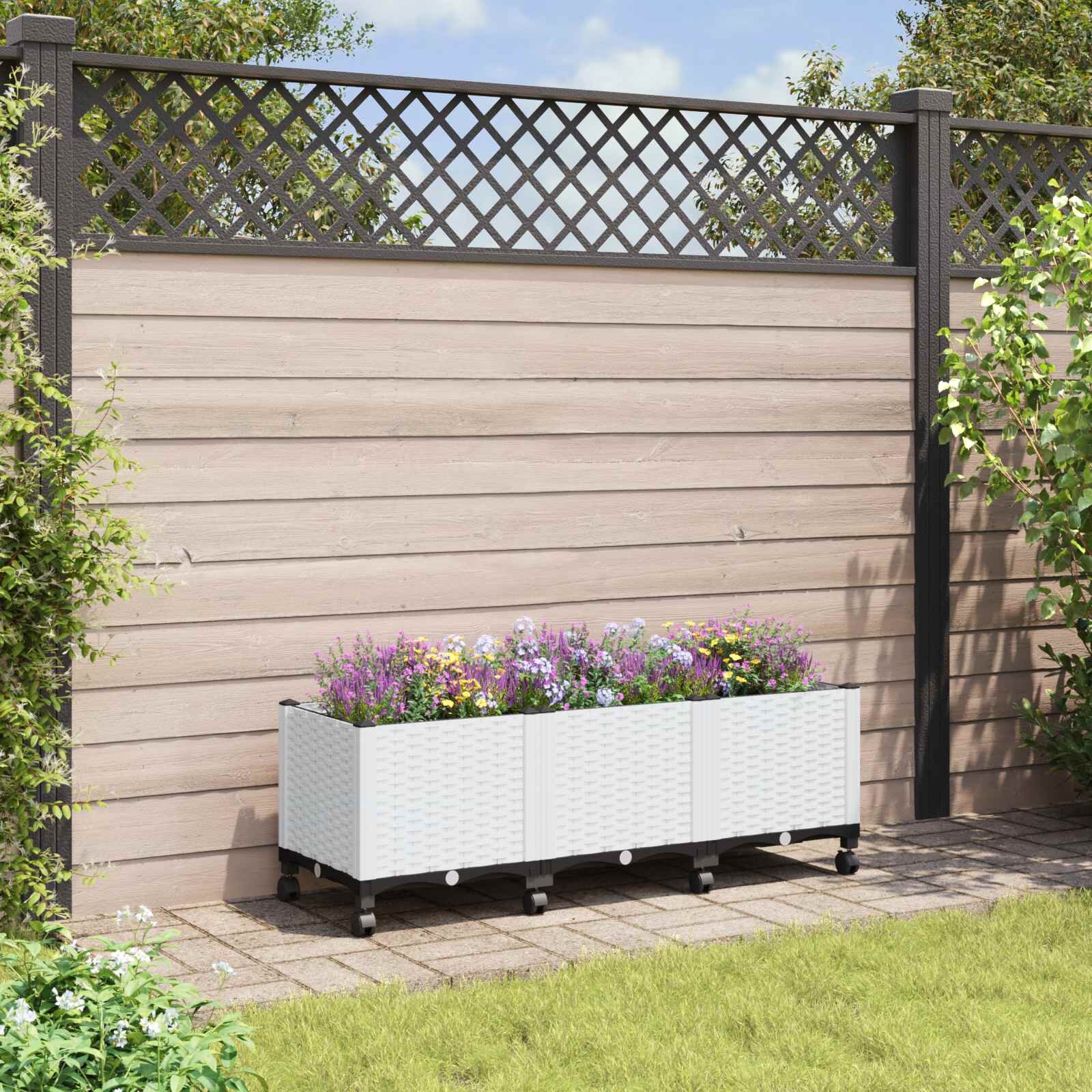 vidaXL Градинска саксия с колела Бяло 120 x 40 x 48 см ПП