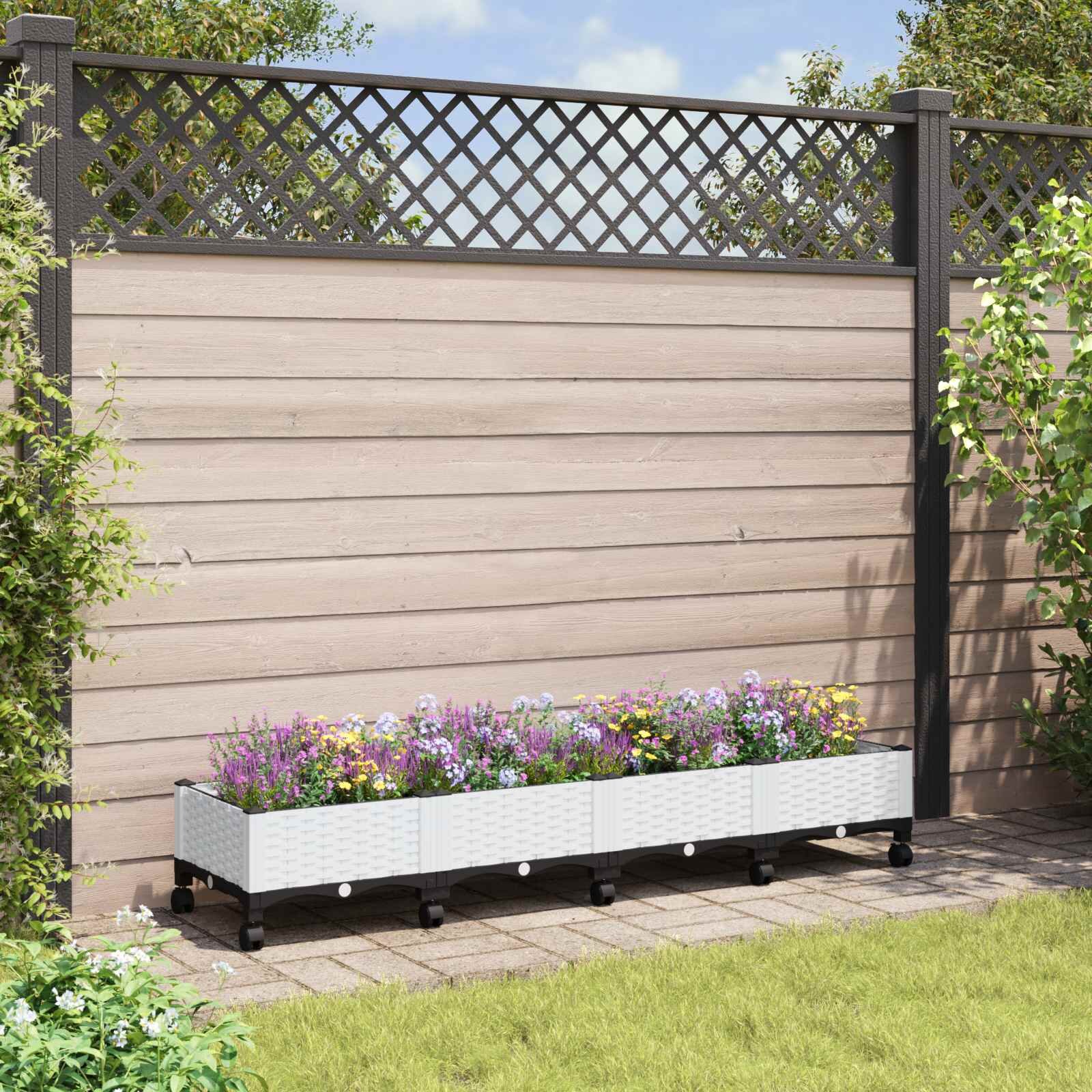 vidaXL Градинска саксия с колела Бяло 160 x 40 x 33 см ПП