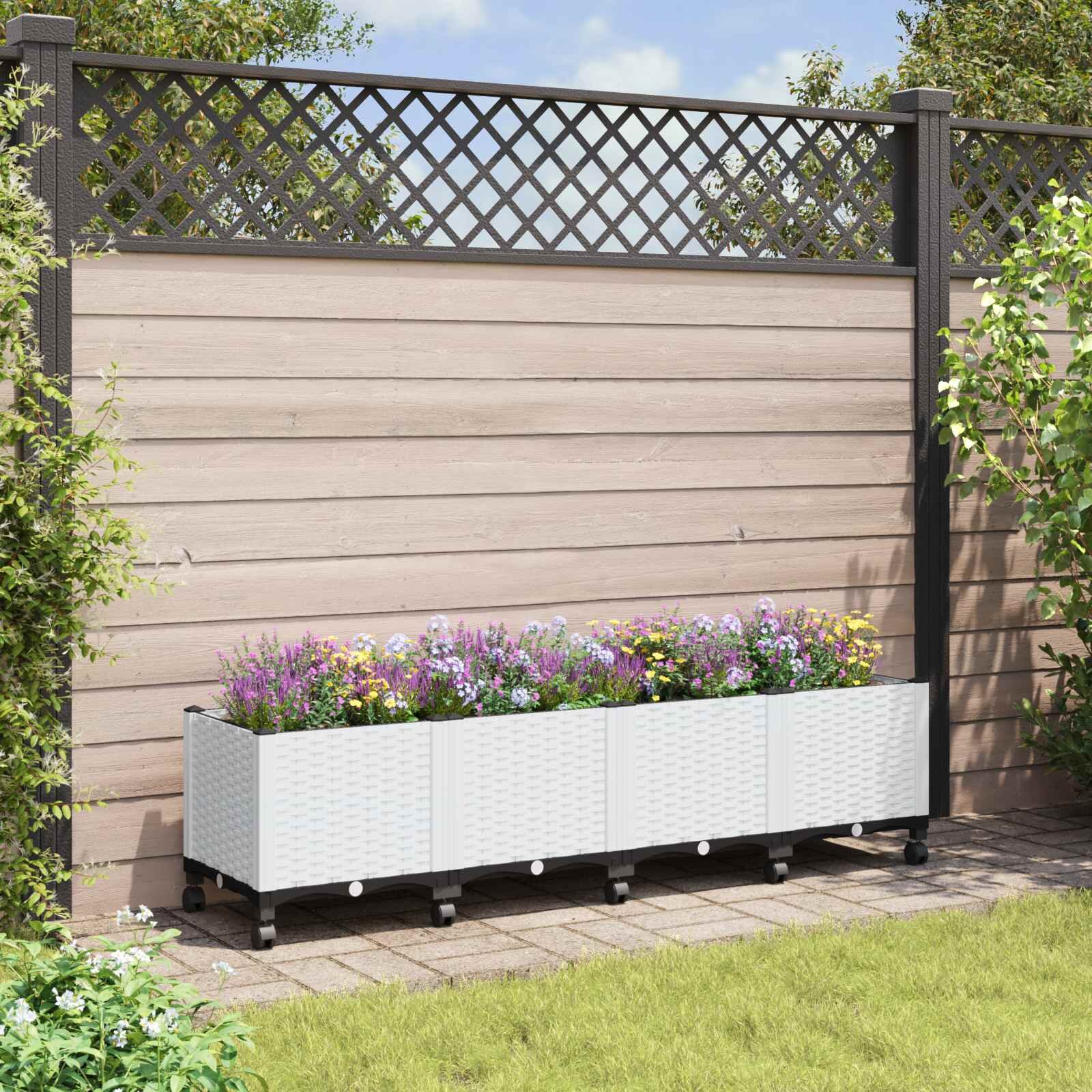 vidaXL Градинска саксия с колела Бяло 160 x 40 x 48 см ПП