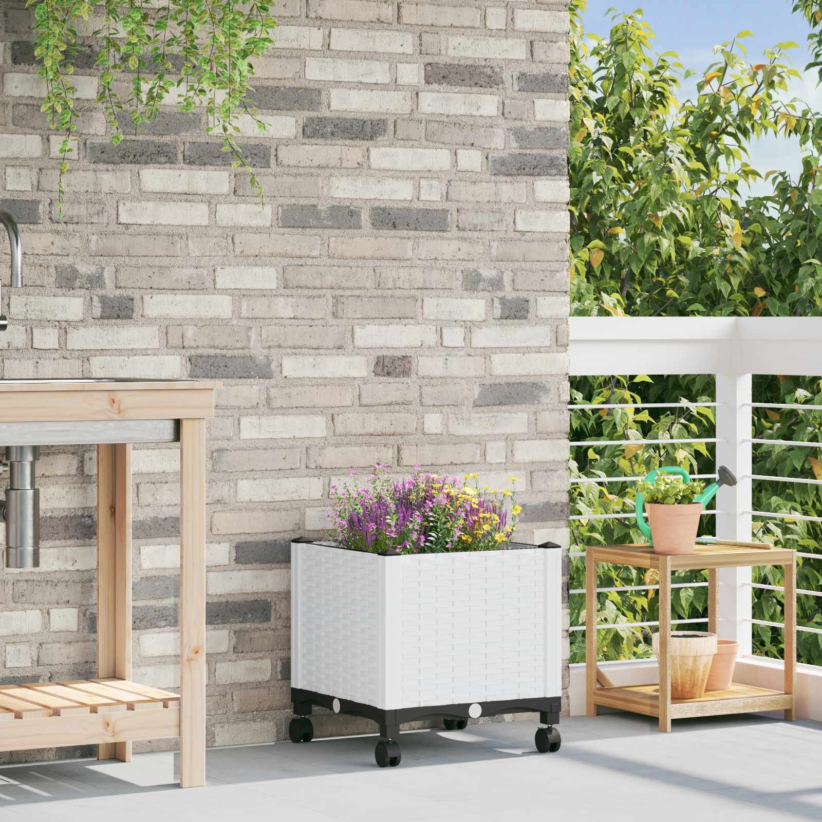 vidaXL Градинска саксия с колела Бяло 40 x 40 x 48 см ПП