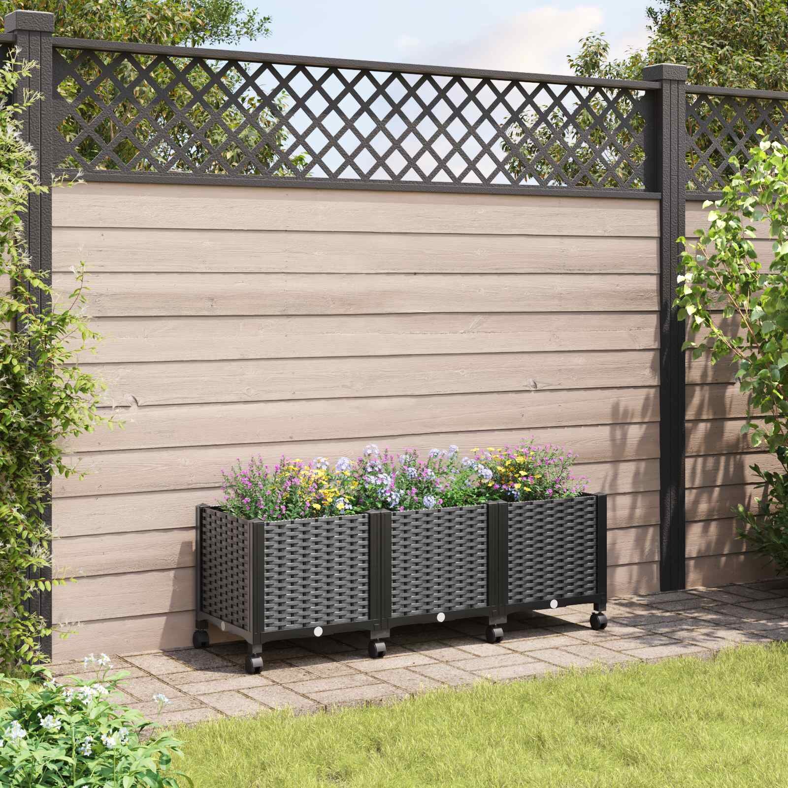 vidaXL Градинска саксия с колела Черно 120 x 40 x 44 см ПП