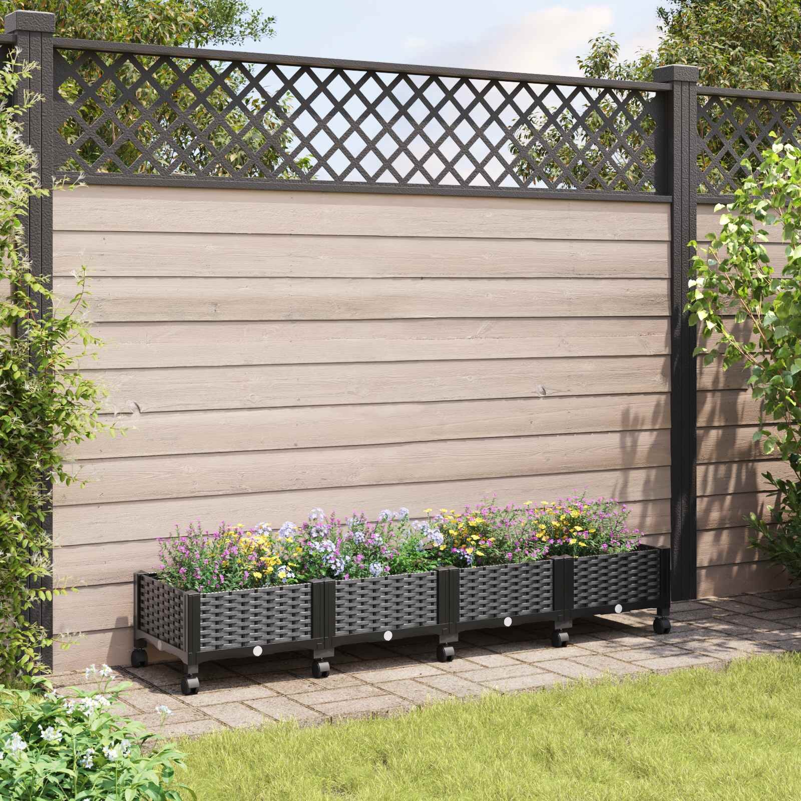 vidaXL Градинска саксия с колела Черно 160 x 40 x 29 см ПП
