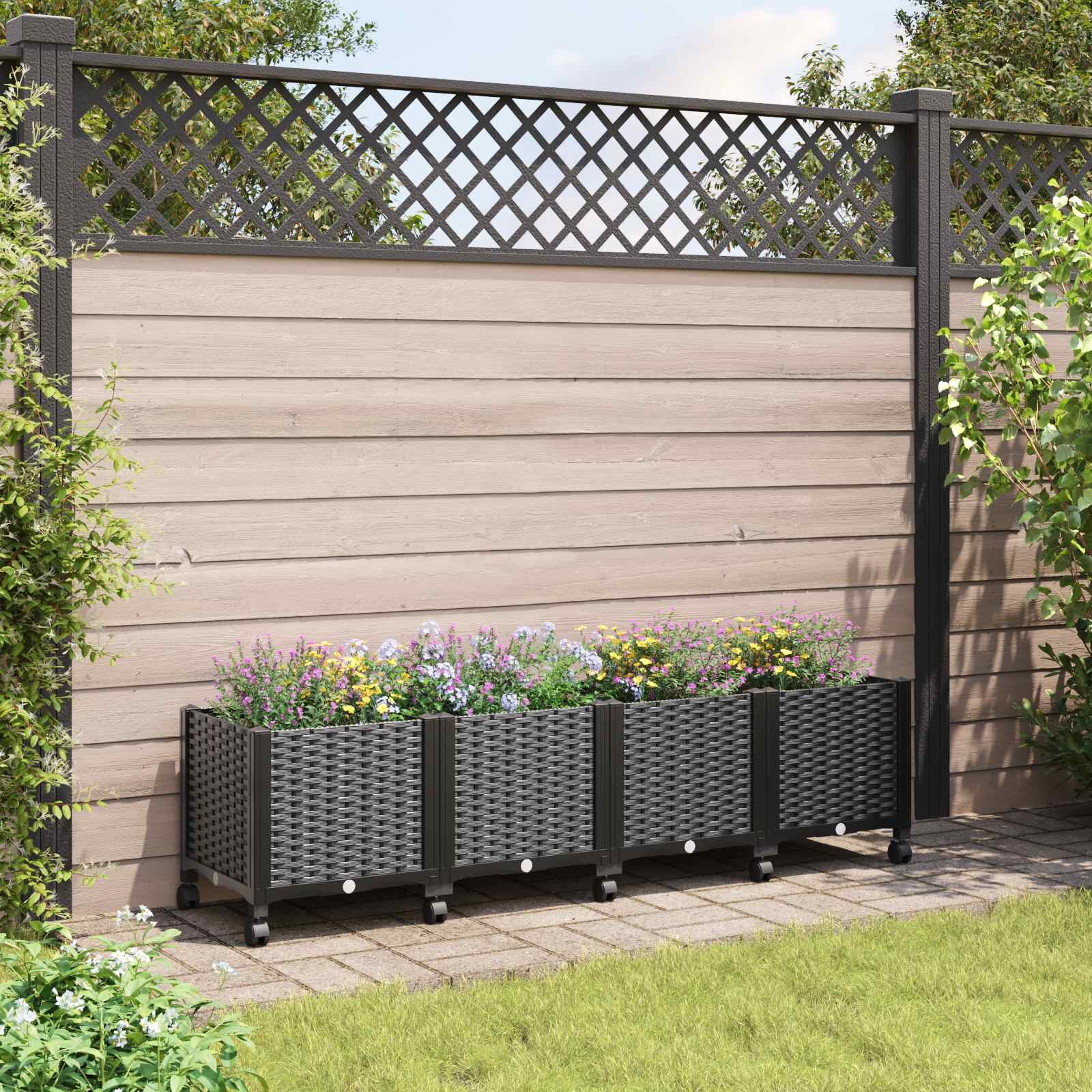 vidaXL Градинска саксия с колела Черно 160 x 40 x 44 см ПП