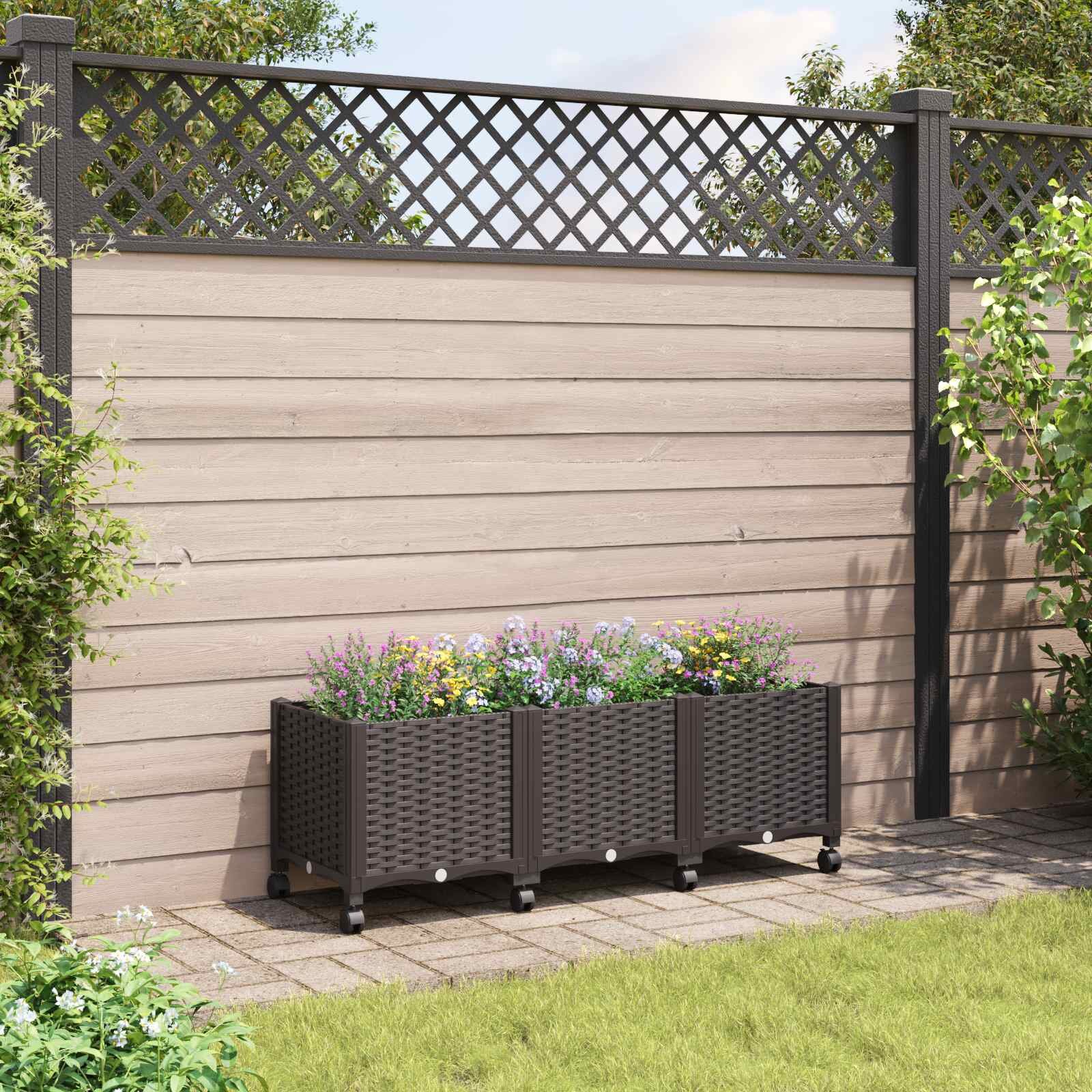 vidaXL Градинска саксия с колела Кафяво 120 x 40 x 44 см ПП