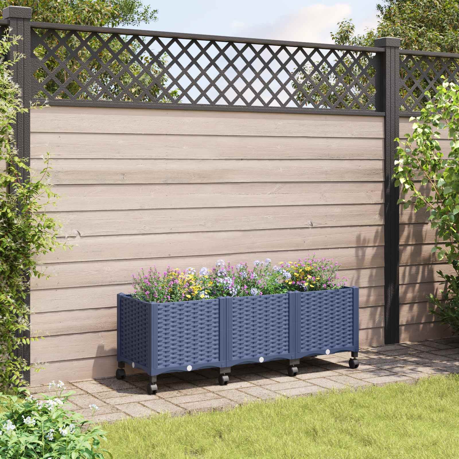vidaXL Градинска саксия с колела Синьо сиво 120 x 40 x 48 см ПП