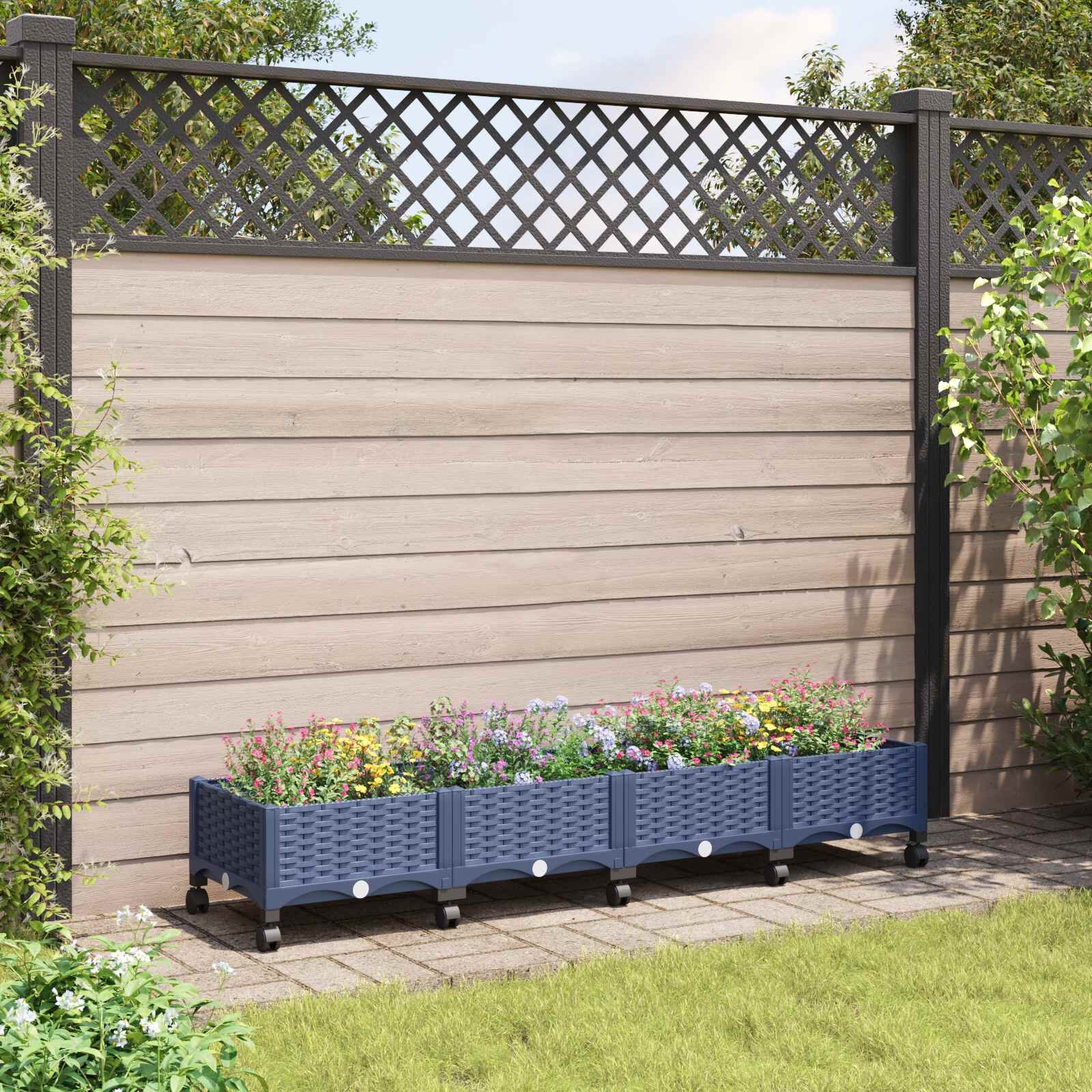 vidaXL Градинска саксия с колела Синьо сиво 160 x 40 x 33 см ПП