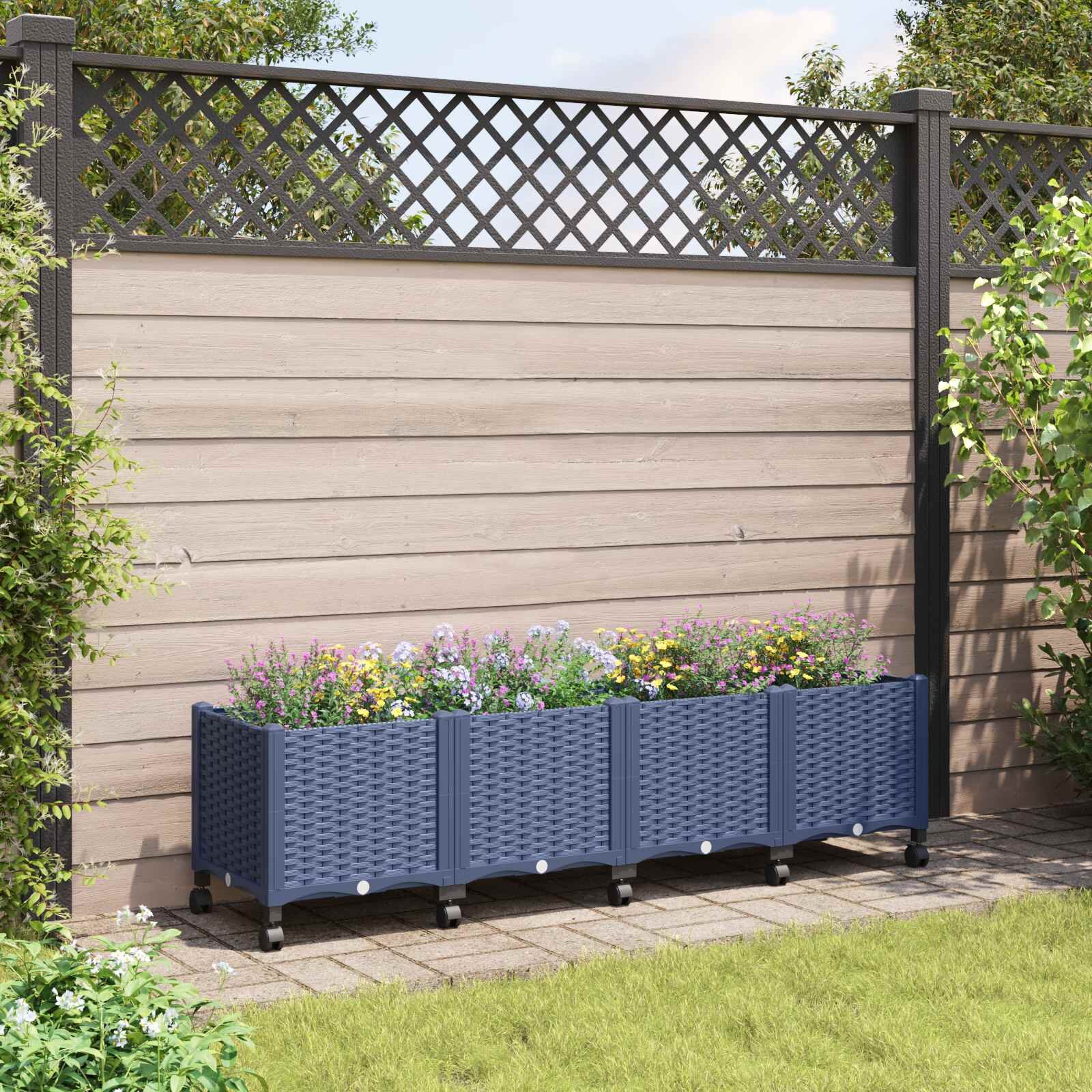 vidaXL Градинска саксия с колела Синьо сиво 160 x 40 x 48 см ПП