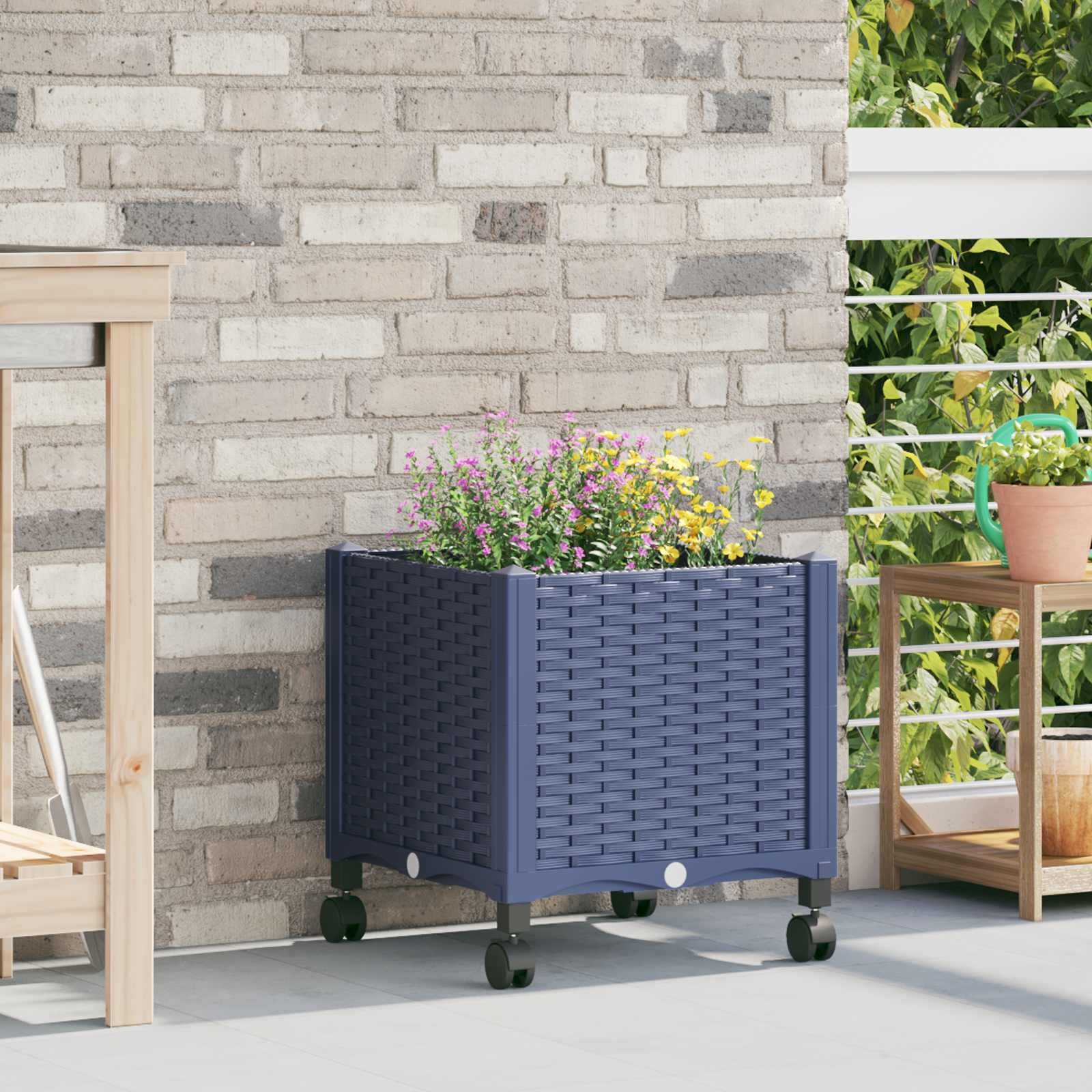 vidaXL Градинска саксия с колела Синьо сиво 40 x 40 x 48 см ПП