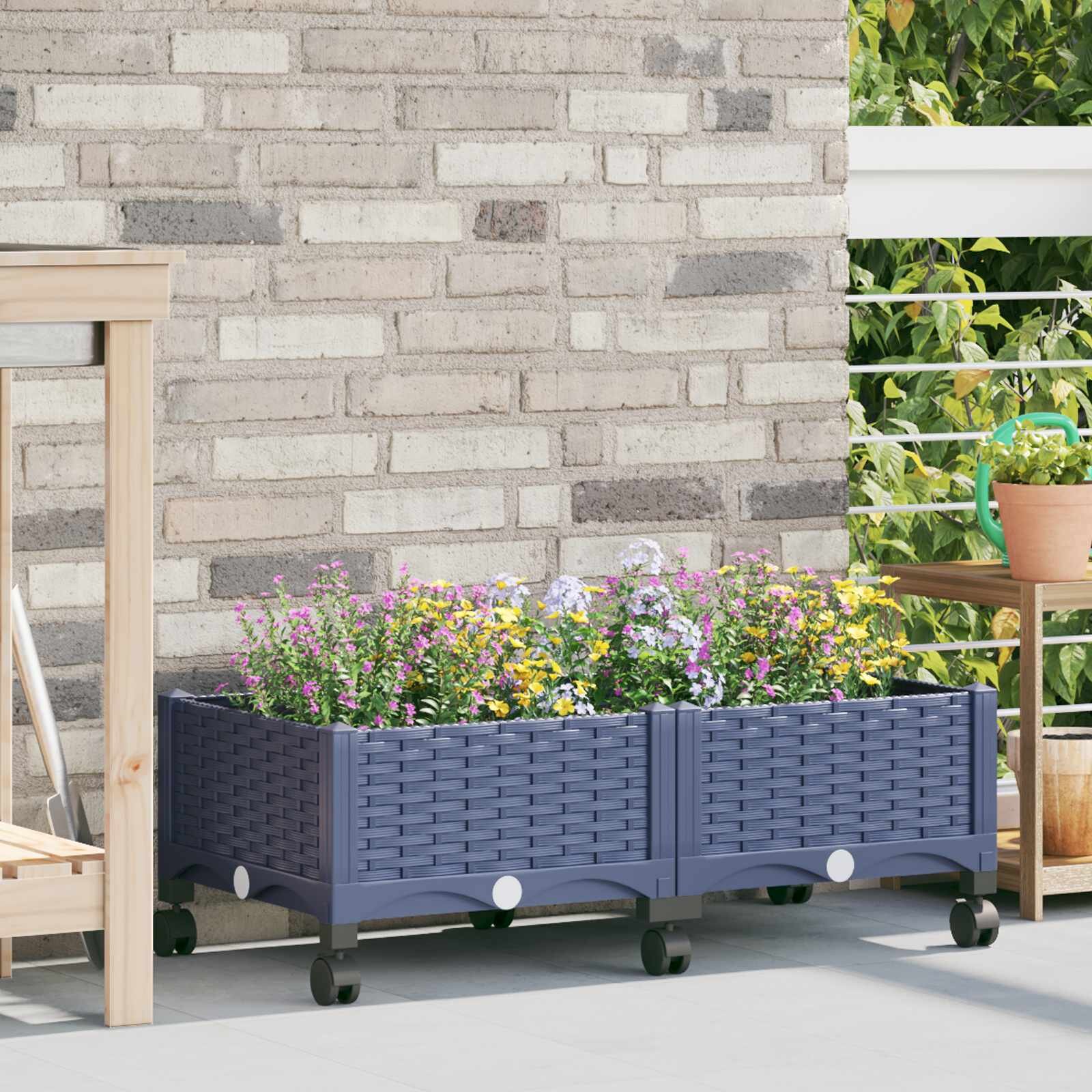vidaXL Градинска саксия с колела Синьо сиво 80 x 40 x 33 см ПП