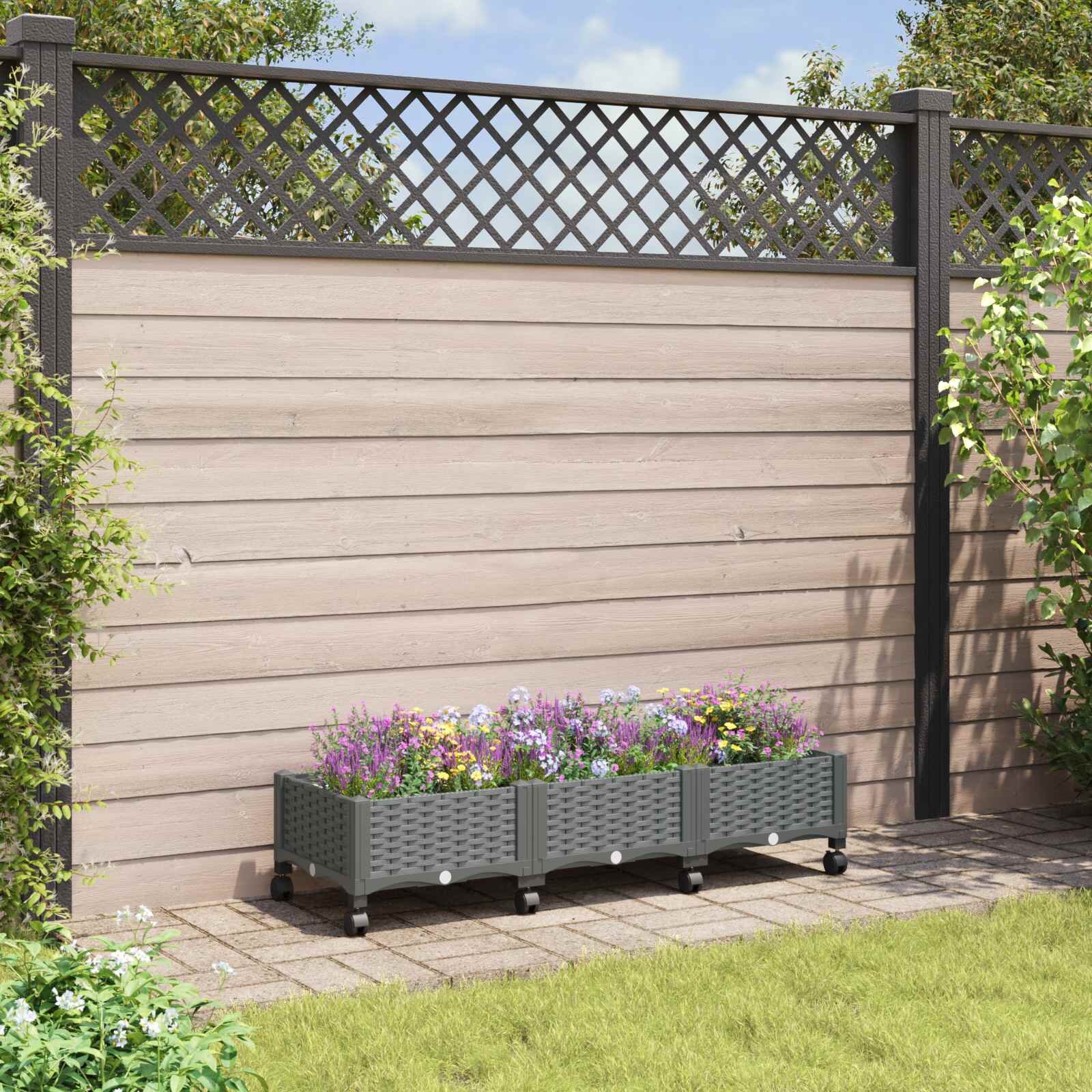 vidaXL Градинска саксия с колела Светлосиво 120 x 40 x 33 см ПП