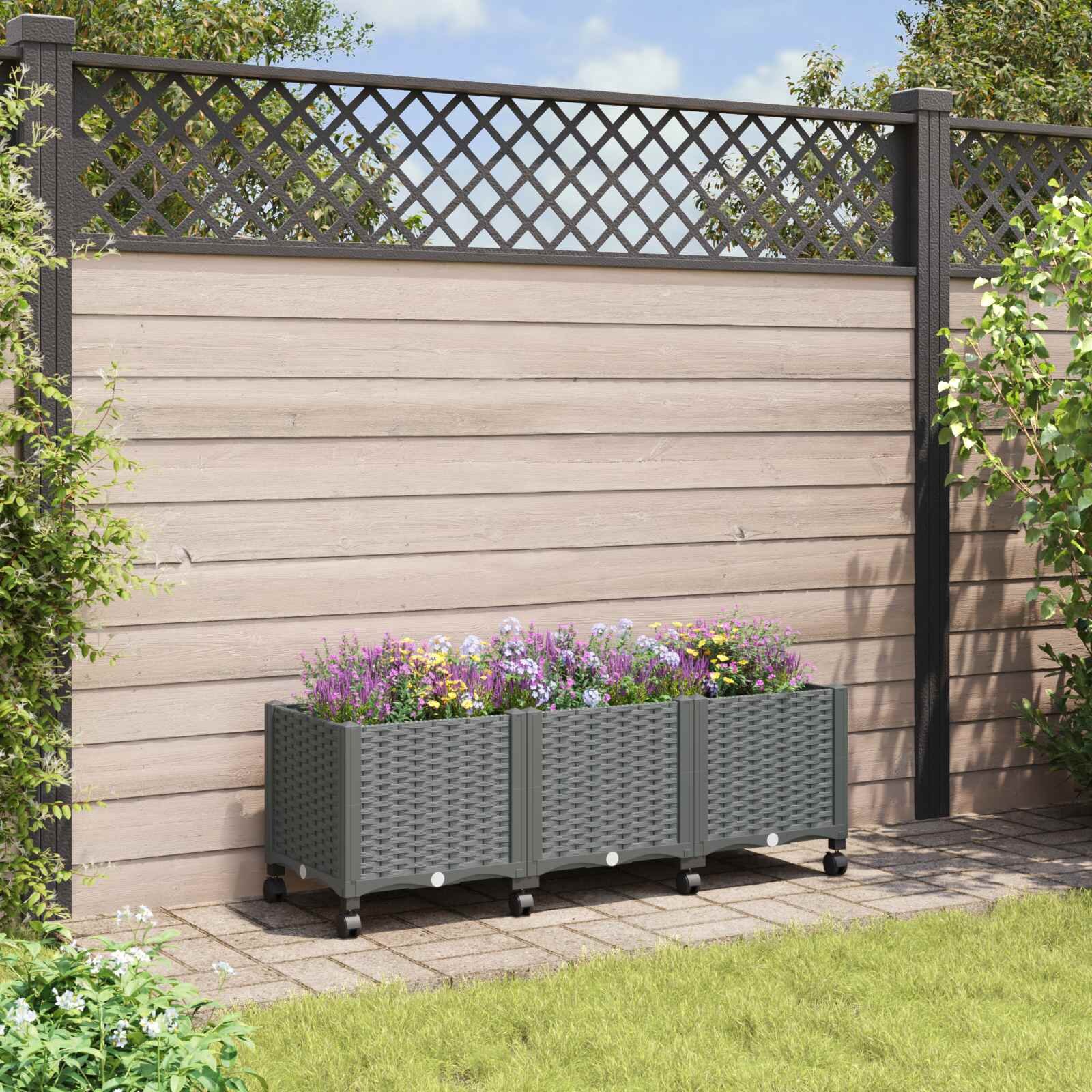 vidaXL Градинска саксия с колела Светлосиво 120 x 40 x 48 см ПП