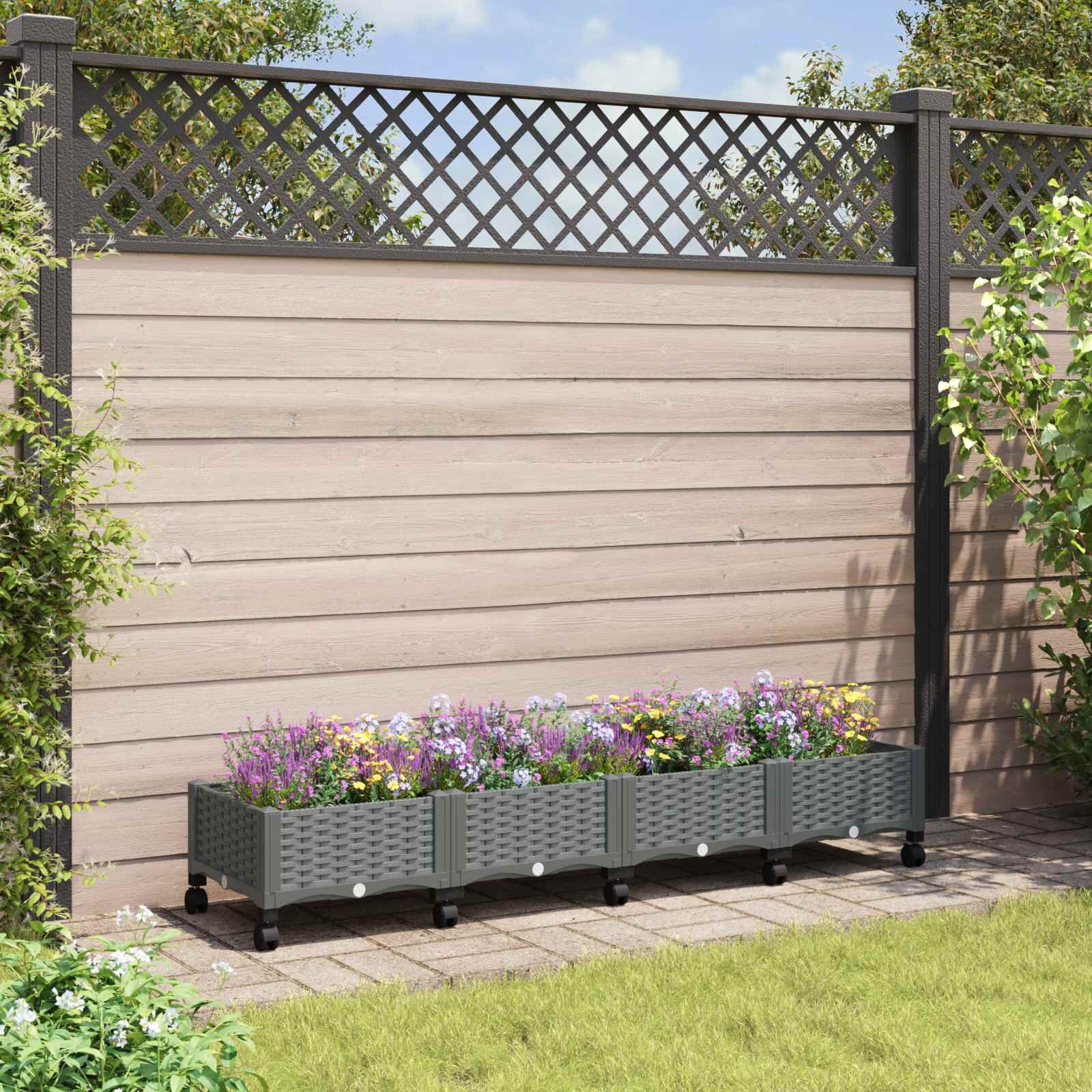 vidaXL Градинска саксия с колела Светлосиво 160 x 40 x 33 см ПП