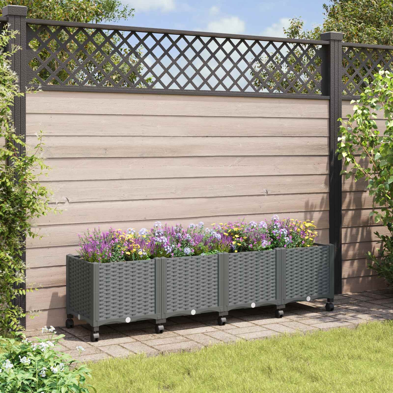 vidaXL Градинска саксия с колела Светлосиво 160 x 40 x 48 см ПП