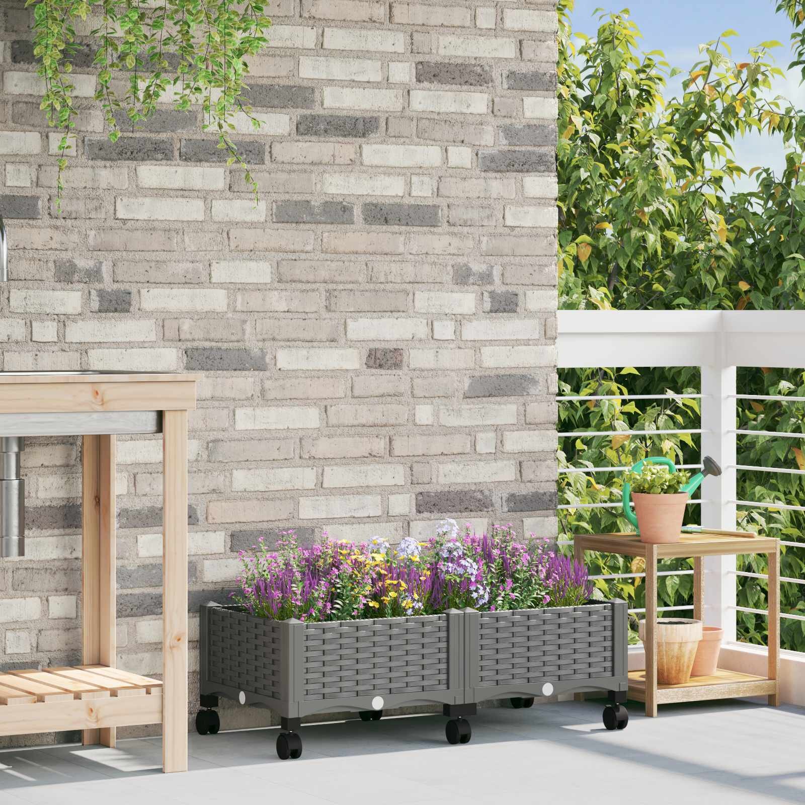 vidaXL Градинска саксия с колела Светлосиво 80 x 40 x 33 см ПП