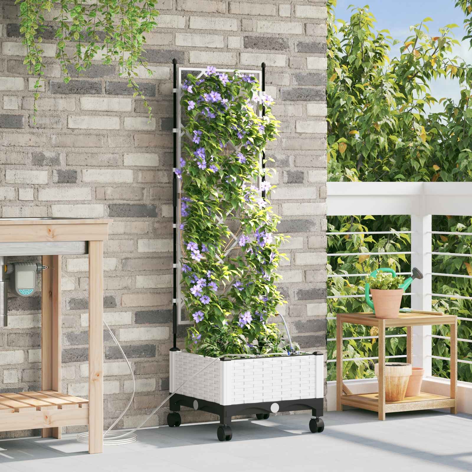 vidaXL Градинска саксия с напояване и колела Бяло 40 x 40 x 132 см ПП