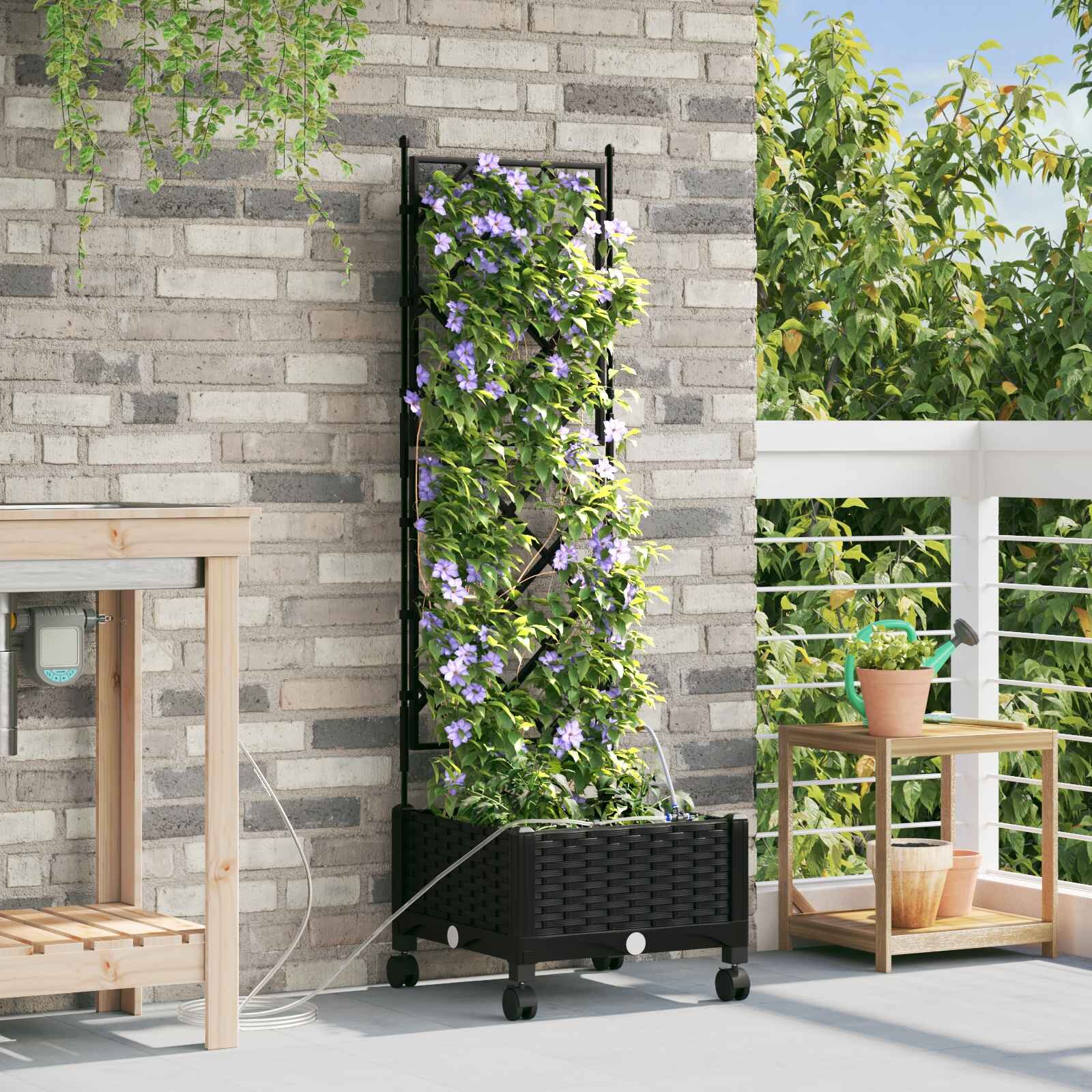 vidaXL Градинска саксия с напояване и колела Черно 40 x 40 x 132 см ПП
