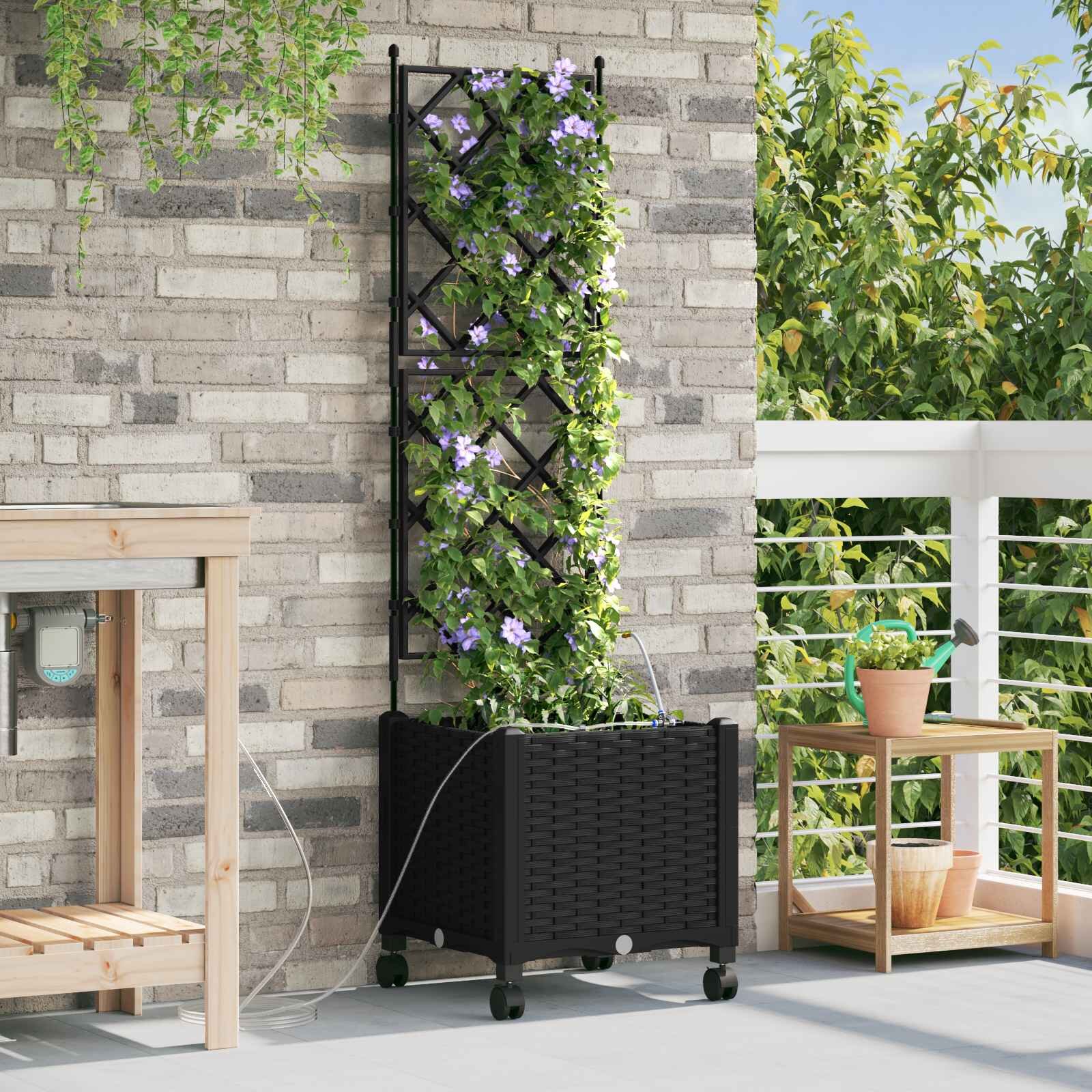vidaXL Градинска саксия с напояване и колела Черно 40 x 40 x 148 см ПП