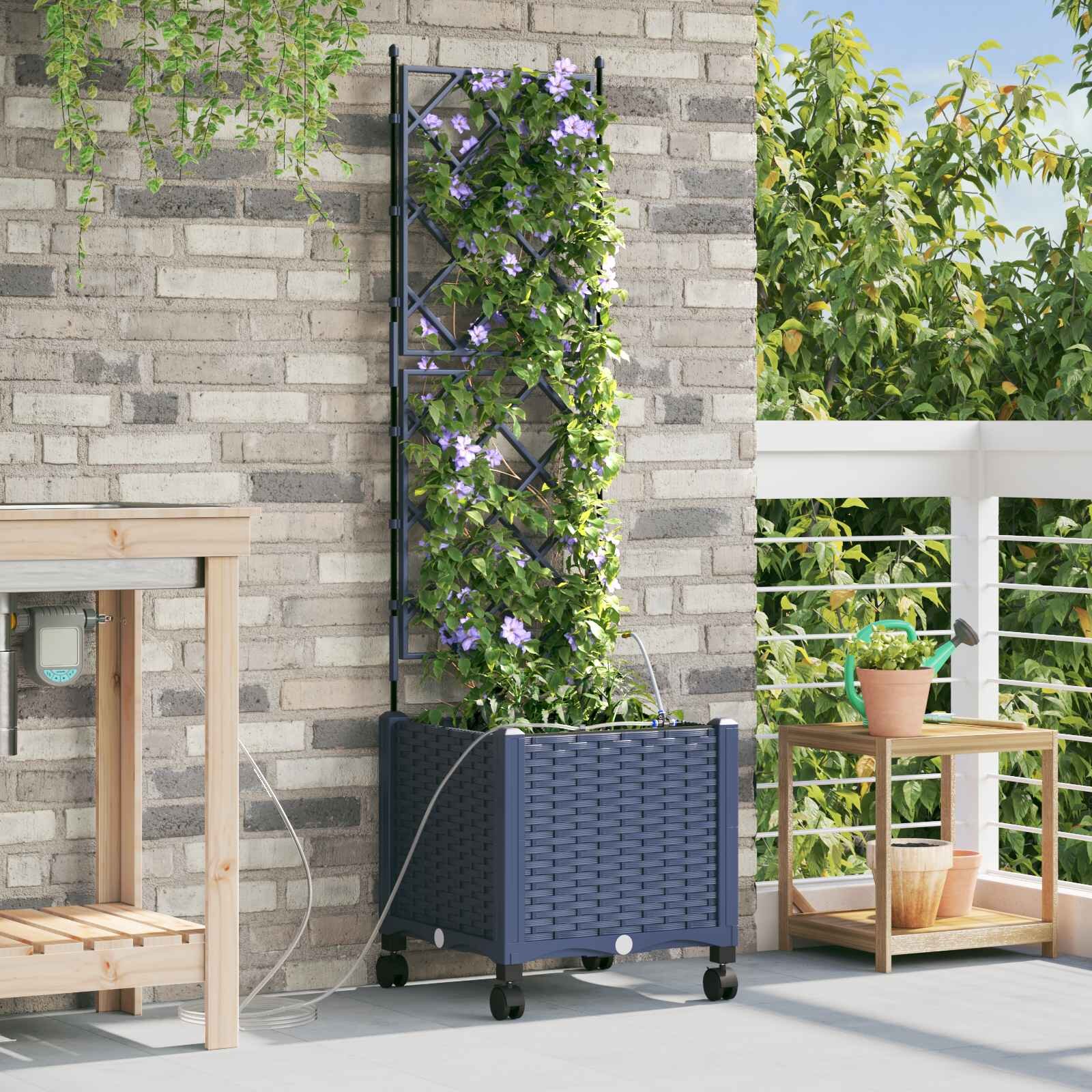 vidaXL Градинска саксия с напояване и колела Сиво 40 x 40 x 148 см ПП