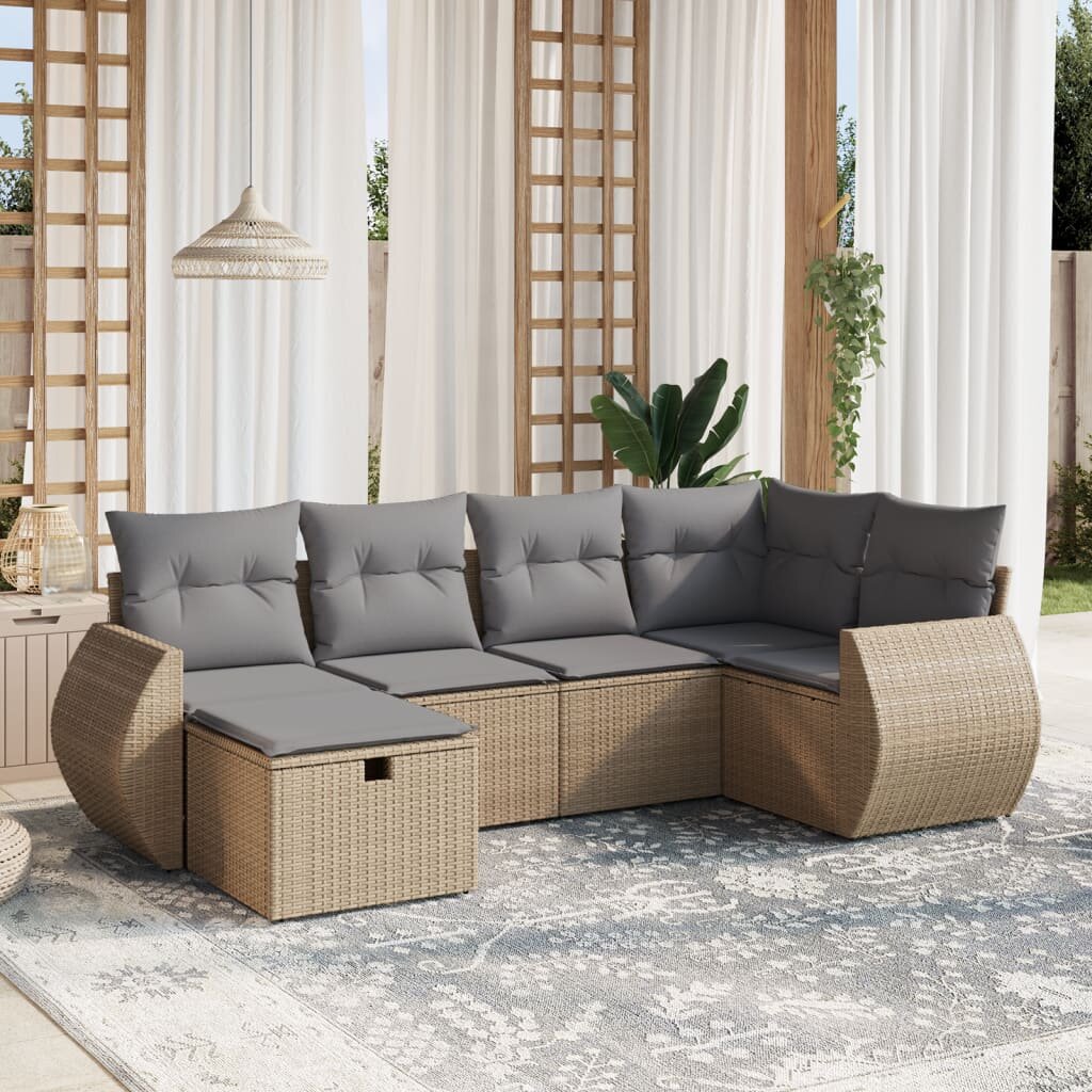 vidaXL Градински диван с възглавници 6 части бежов микс полиратан