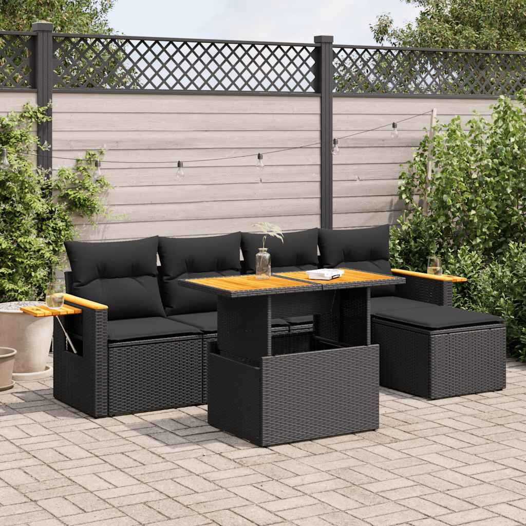 vidaXL Градински диван с възглавници 6 части черен полиратан акация