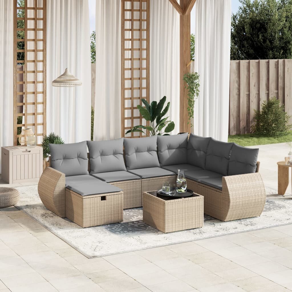 vidaXL Градински диван с възглавници 8 части бежов микс полиратан