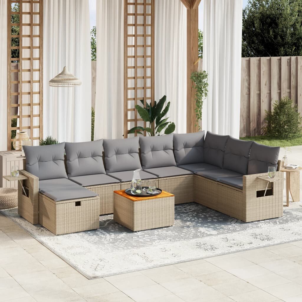 vidaXL Градински диван с възглавници 9 части бежов микс полиратан