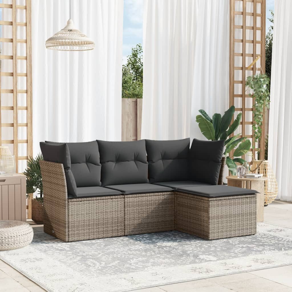 vidaXL Градински диван с възглавници от 4 части сив полиратан
