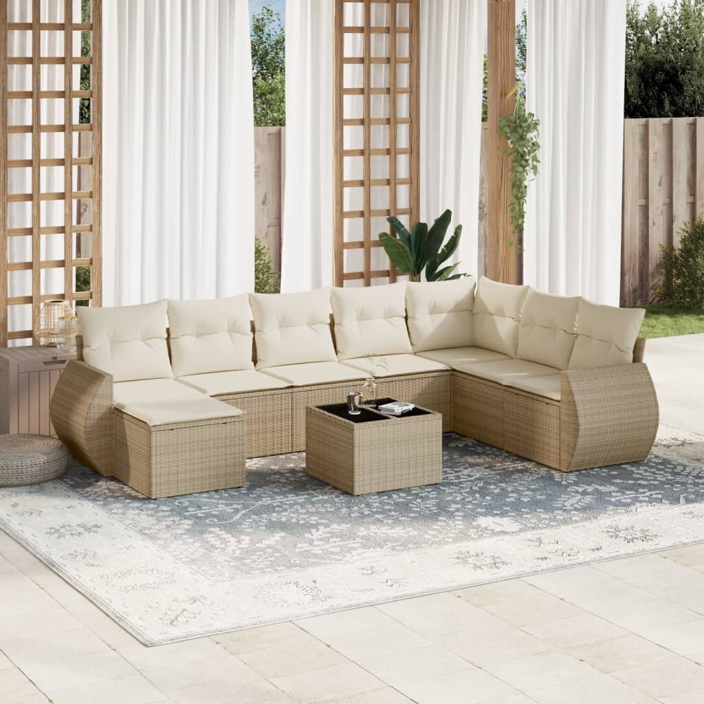 vidaXL Градински комплект диван с възглавници 9 части бежов полиратан