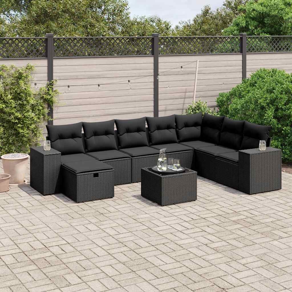 vidaXL Градински комплект диван с възглавници 9 части черен полиратан