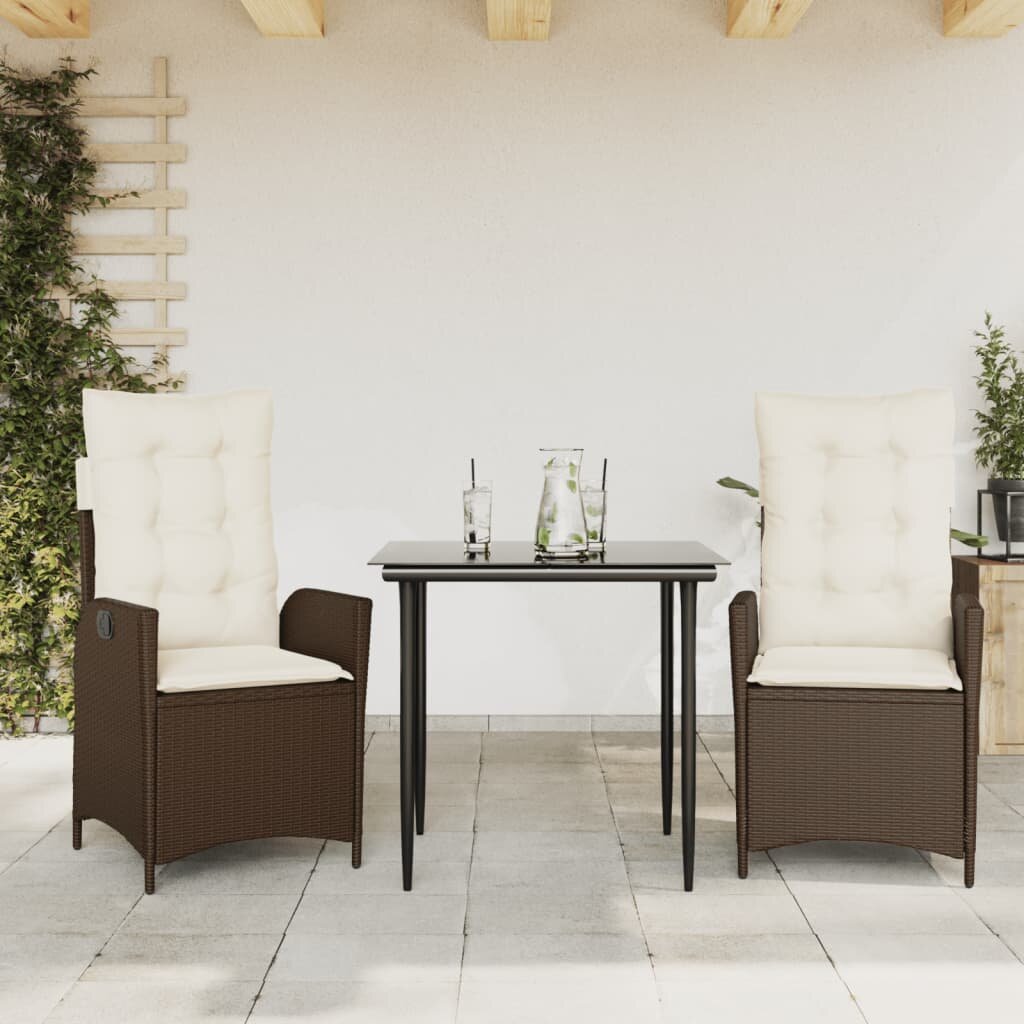 vidaXL Градински комплект от 3 части с възглавници кафяв полиратан
