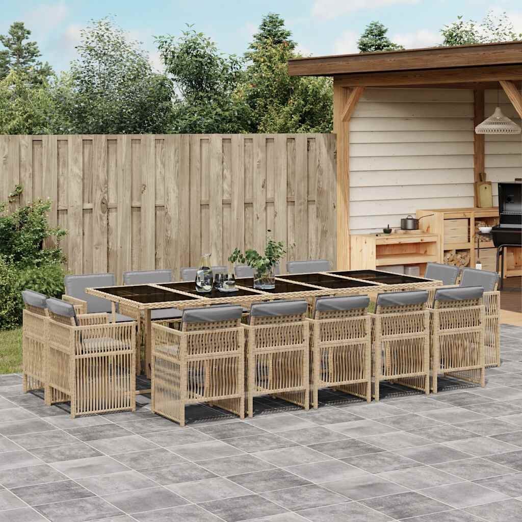 vidaXL Градински комплект с възглавници 15 части бежов микс полиратан