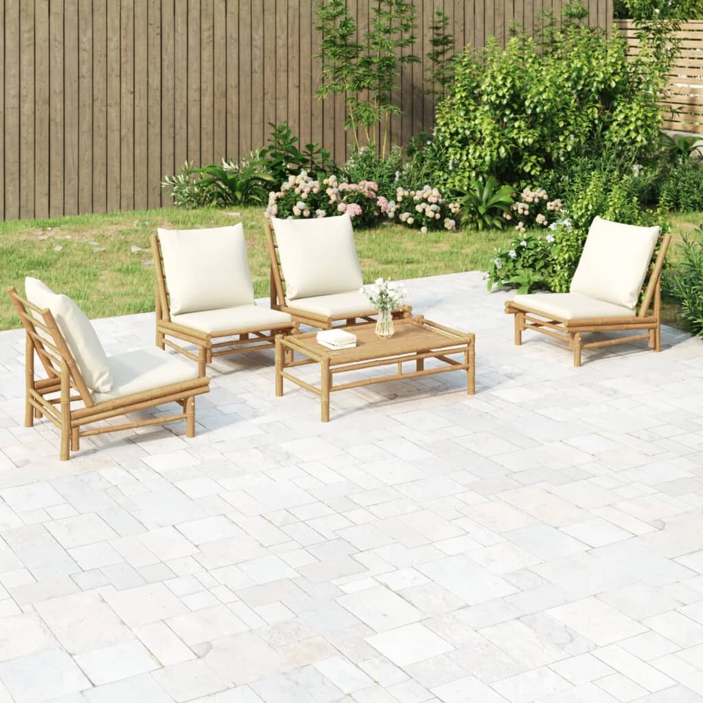 vidaXL Градински лаундж комплект с кремави възглавници 5 части бамбук