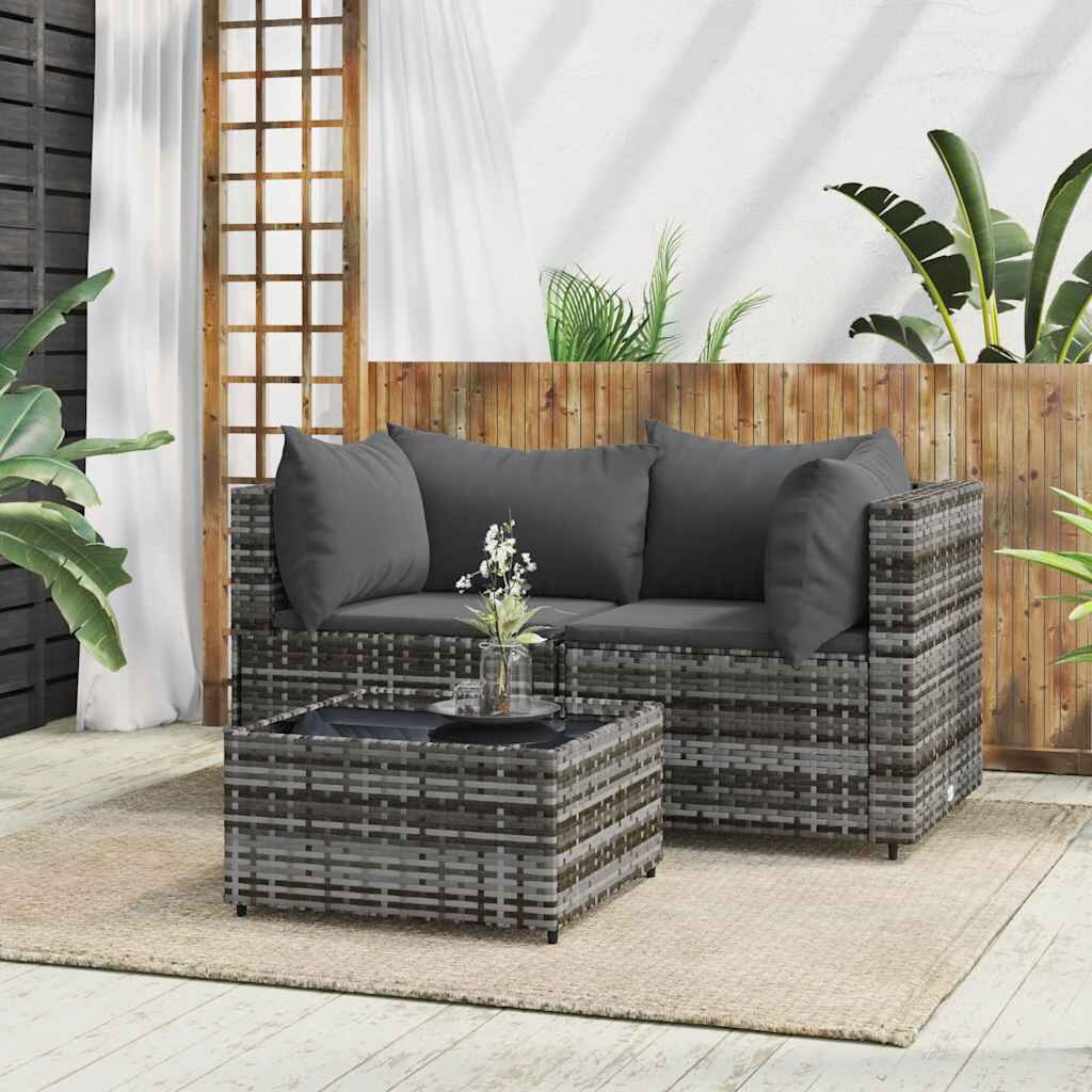 vidaXL Градински лаундж комплект с възглавници 3 части сив полиратан