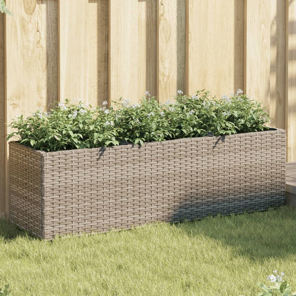 vidaXL Градински плантер с 3 саксии сив 105x30x32 см полиратан
