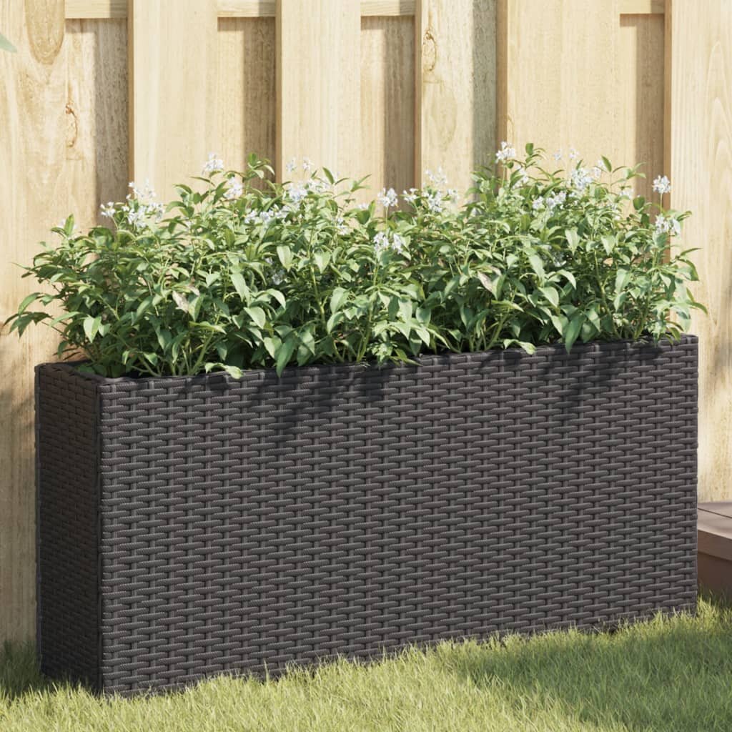 vidaXL Градински плантери с 2 саксии 2 бр черни 90x20x40 см полиратан