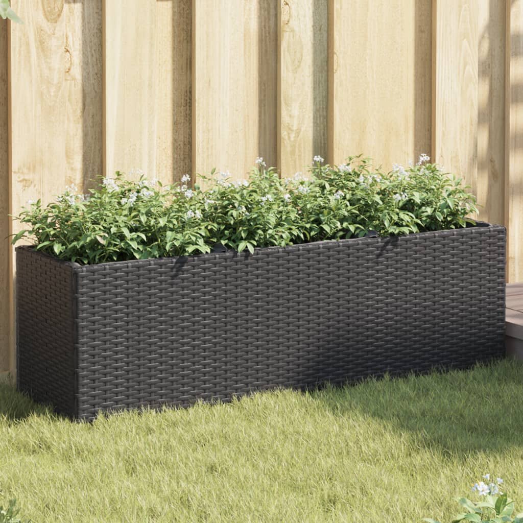 vidaXL Градински плантери с 3 саксии 2 бр черни 105x30x32 см полиратан