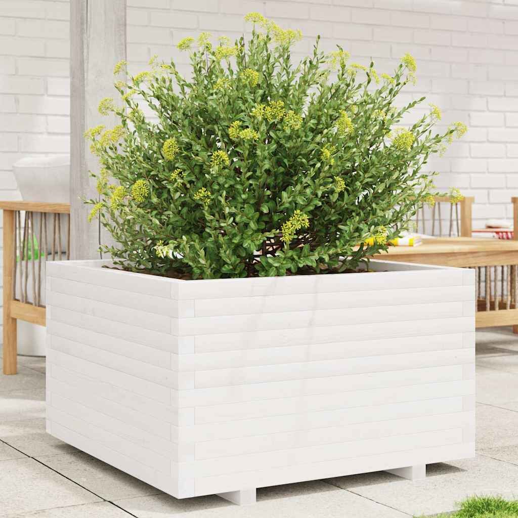 vidaXL Градински сандък бял 80x80x495 см масивна борова дървесина