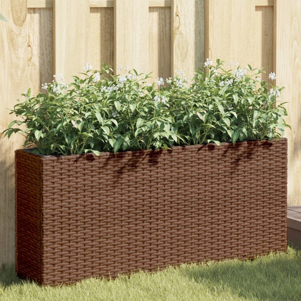 vidaXL Градински сандък с 2 саксии кафяв 90x20x40 см полиратан