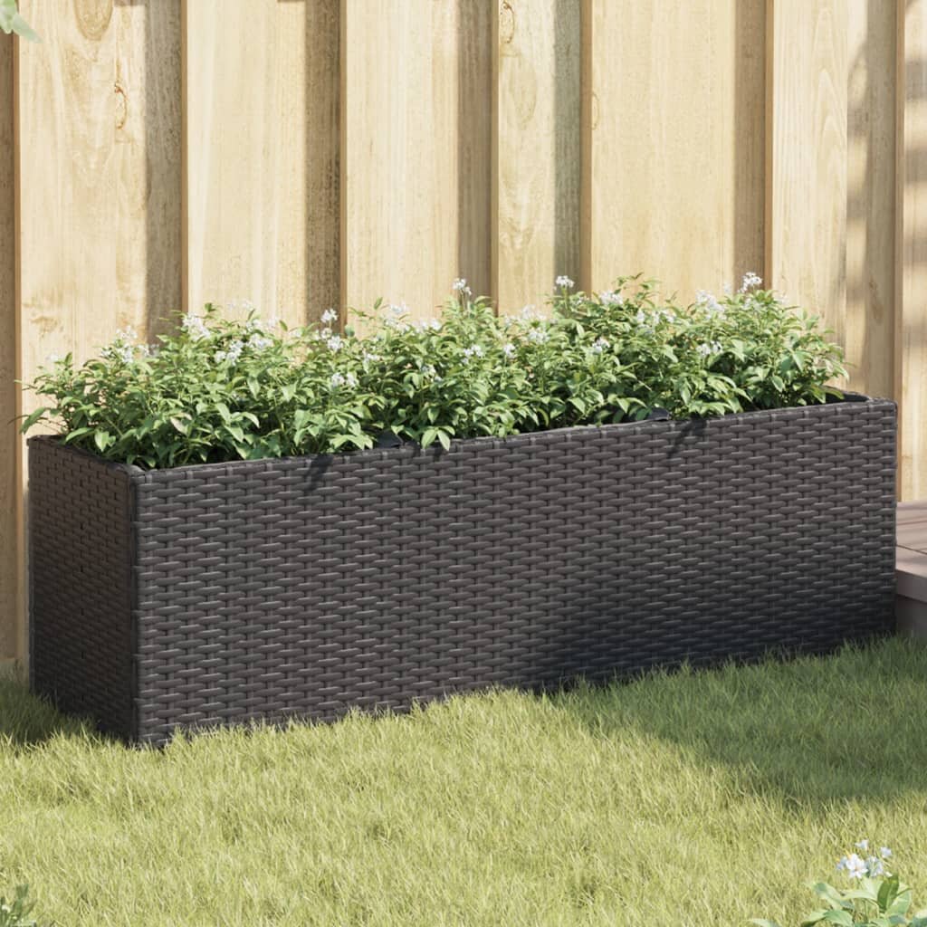 vidaXL Градински сандък с 3 саксии черен 105x30x32 см полиратан