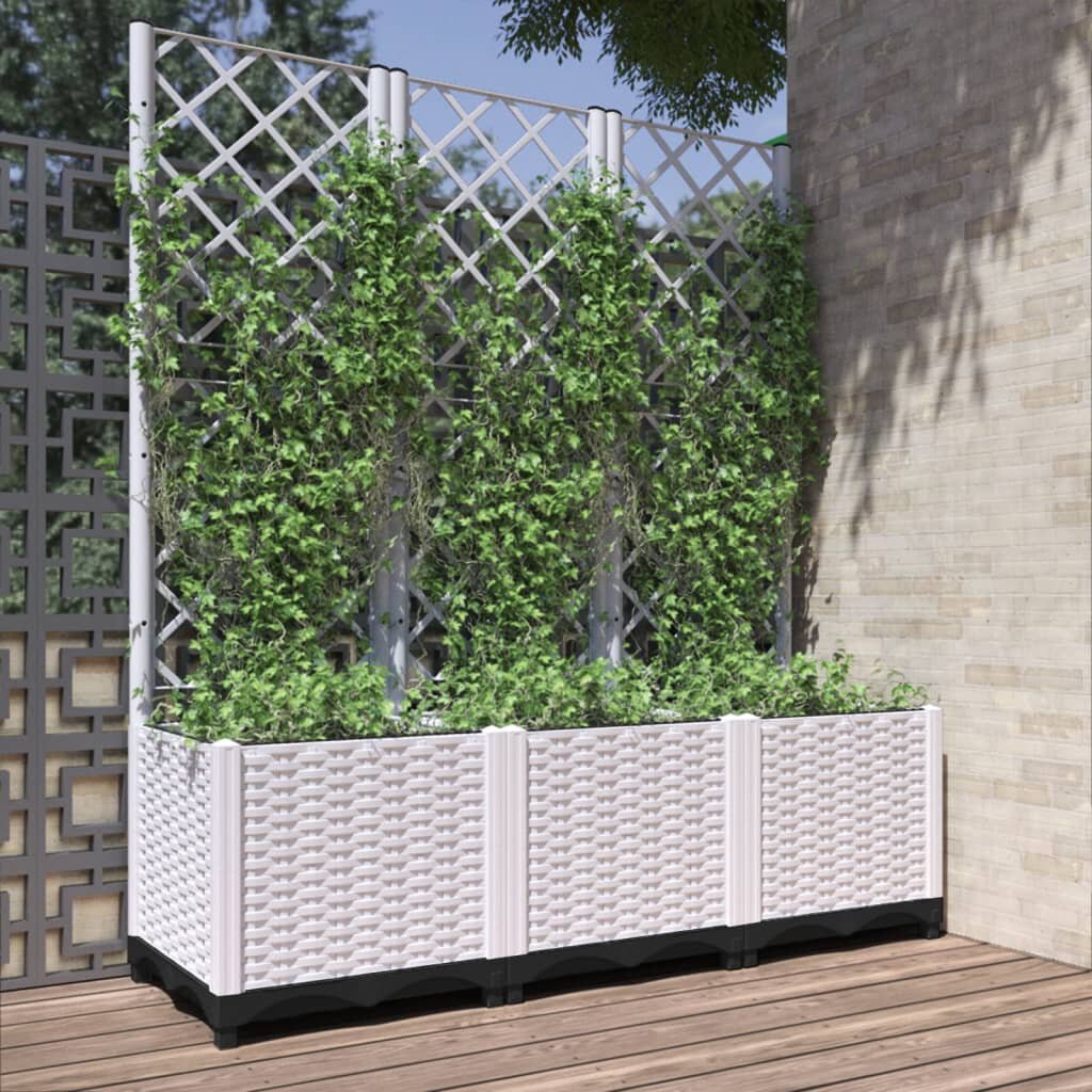 vidaXL Градински сандък с пергола бял 120x40x136 см PP