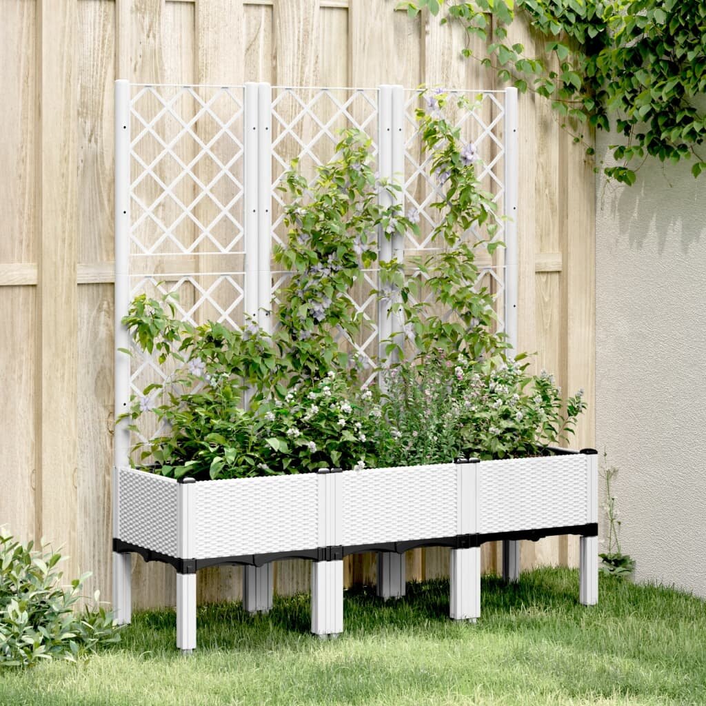 vidaXL Градински сандък с пергола бял 120x40x142 см PP