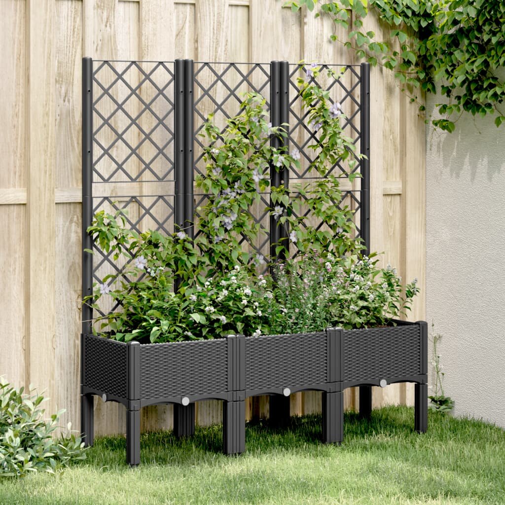 vidaXL Градински сандък с пергола черен 120x40x142 см PP