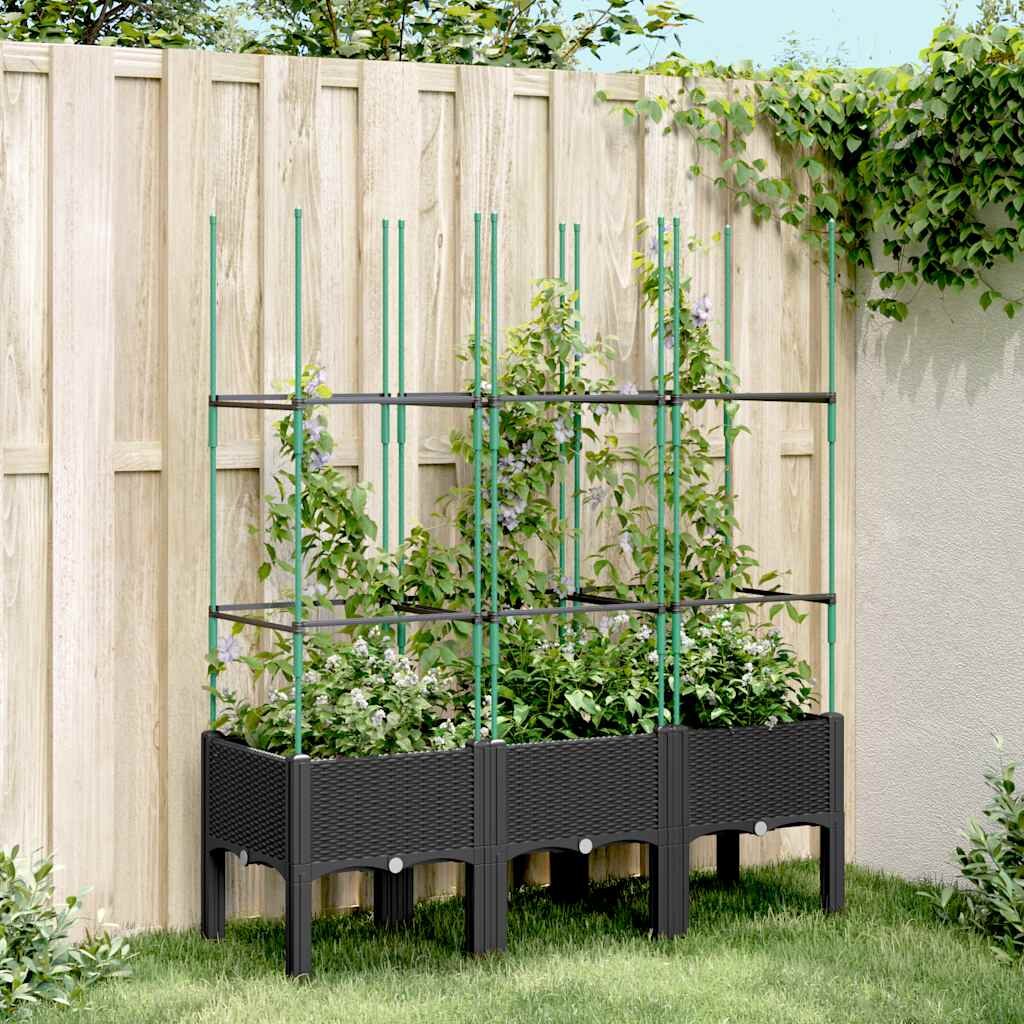 vidaXL Градински сандък с пергола черен 120x40x1425 см PP
